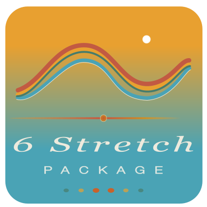 Packaging for a stretch mark prevention product with a colorful wave design and the label '6 Stretch Package' on a gradient background.