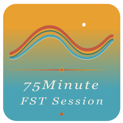 Graphic with colorful curved lines and text that reads '75 Minute FST Session' on a gradient background.
