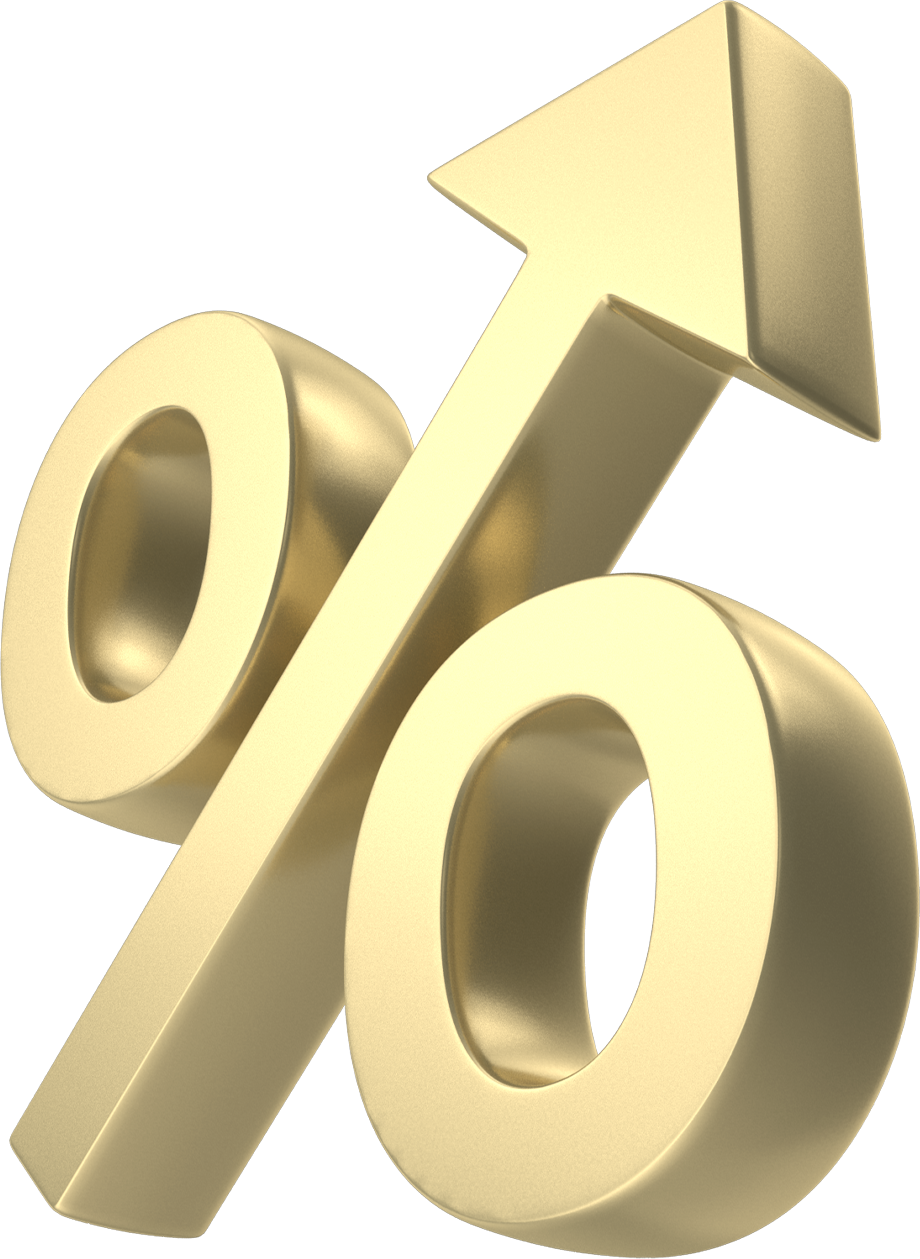 Gold 3D percentage symbol with an upward arrow, indicating an increase in percentage or rate.