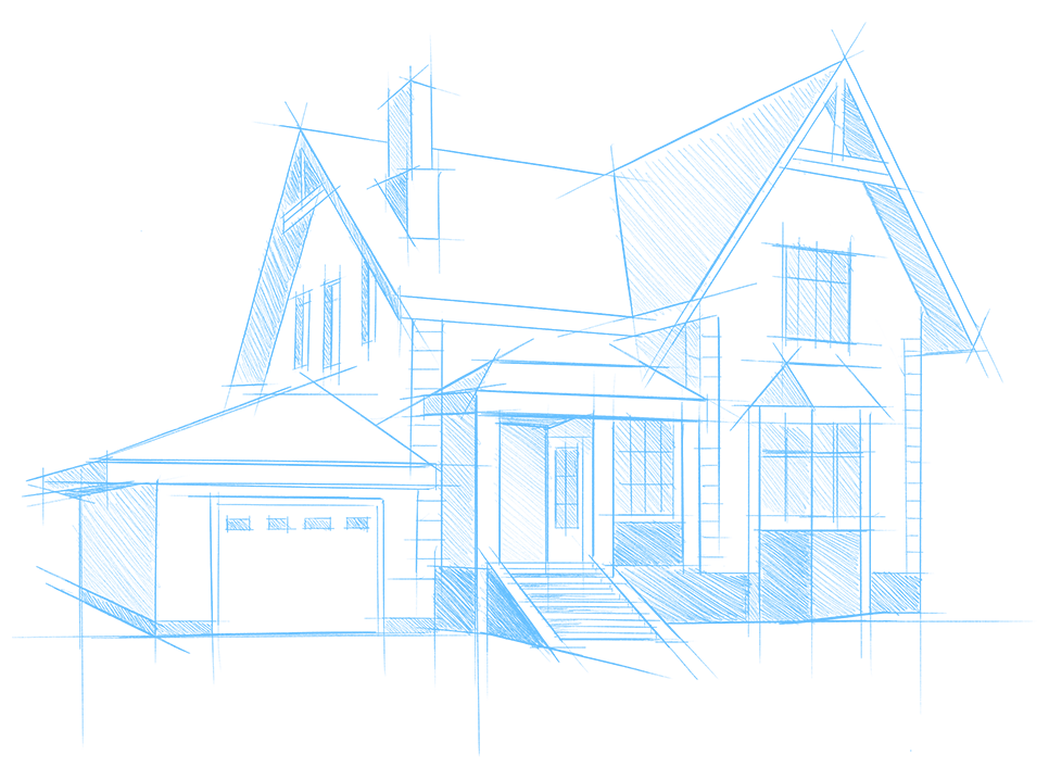 Blueprint drawing of a two-story house with garage, front steps, multiple windows, and steep rooflines, all in blue lines on a black background.