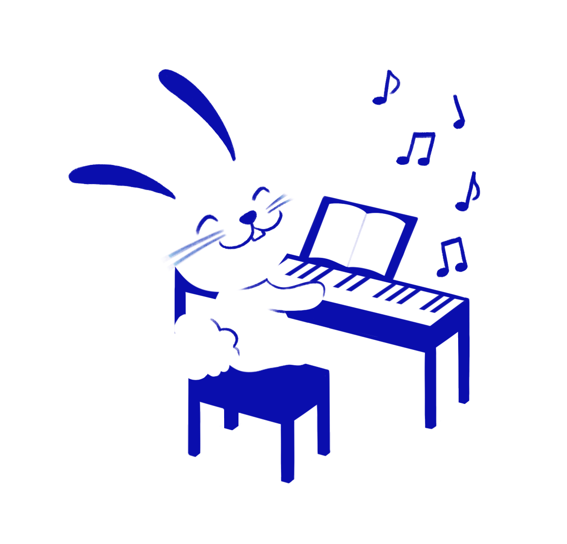 A cartoon white rabbit with blue accents playing a blue and white piano, holding a music book.