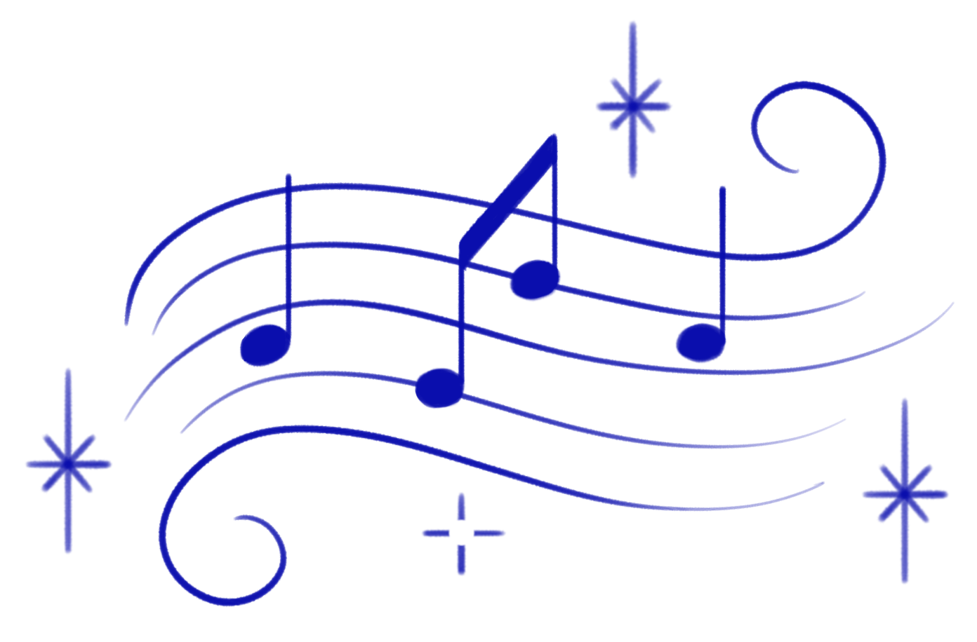 Blue musical notes on a staff with decorative sparkles.