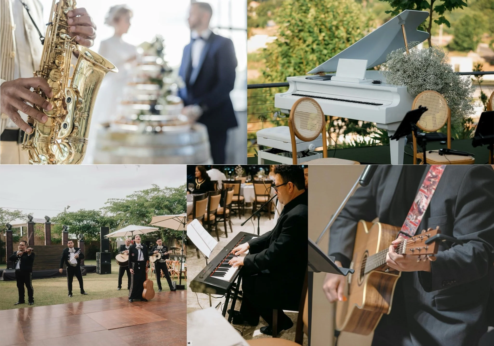 A collage of images showing musical instruments, musicians, and a performance at an outdoor event. Includes a close-up of a saxophone, a white grand piano with chairs and flowers, a group of mariachi musicians playing guitar and violin, a pianist playing a keyboard, and a guitarist in a suit playing an acoustic guitar.