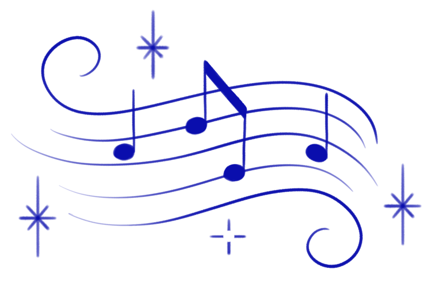Blue musical notes and snowflakes on a black background.