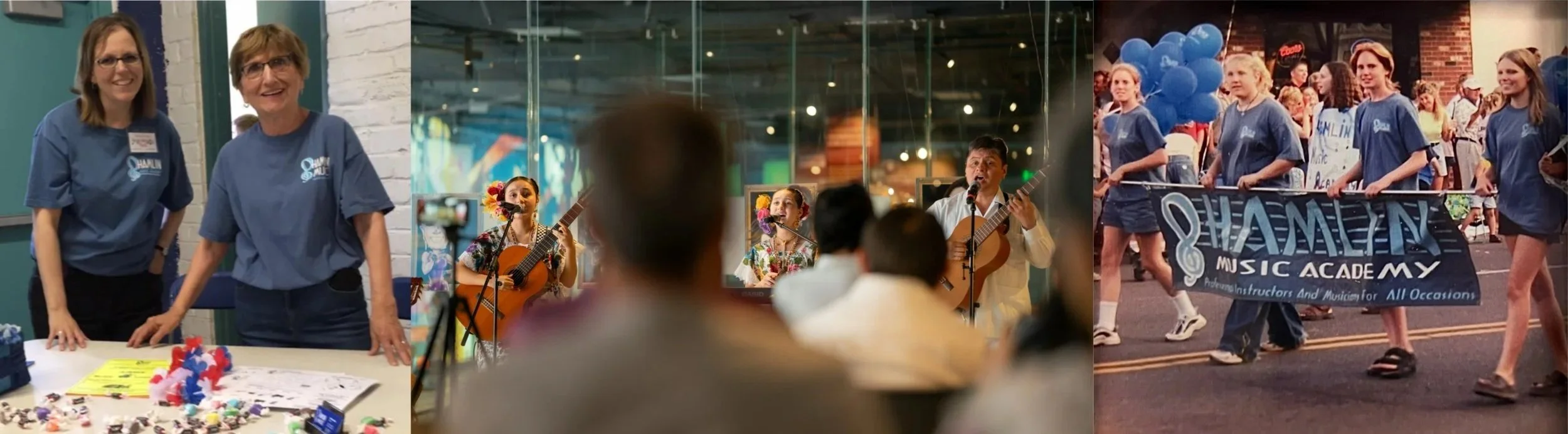 Three scenes of community event activities. On the left, two women in blue shirts standing at a table with arts and crafts supplies, smiling. In the center, a group of people watching a live music performance inside a building, with two women singing and playing guitars. On the right, a parade with young girls walking and holding a banner for
