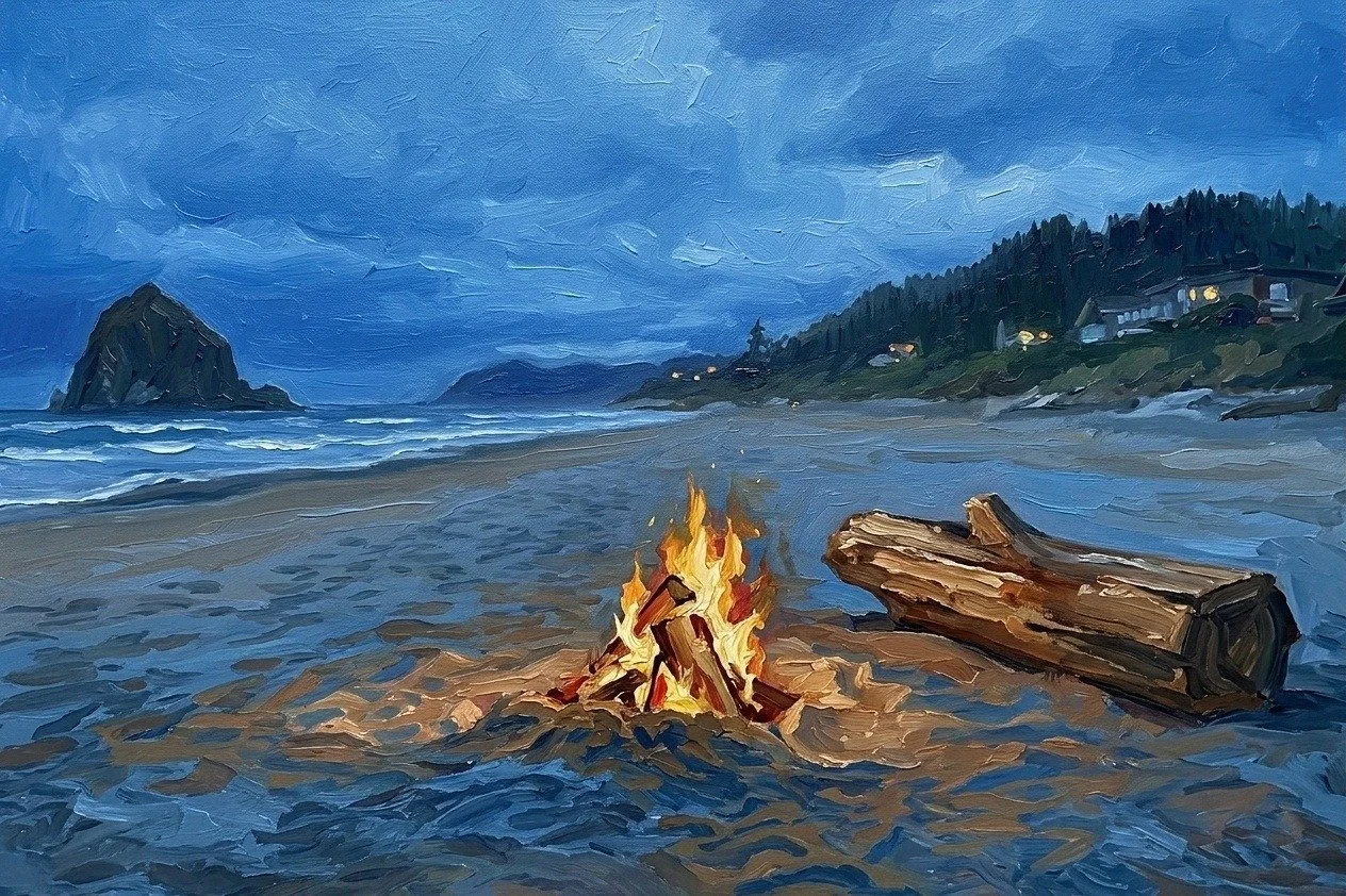 Last Light, Haystack Rock, a signed giclée print of a beach bonfire at dusk from the Off to the Oregon Coast series by Porch to Palm