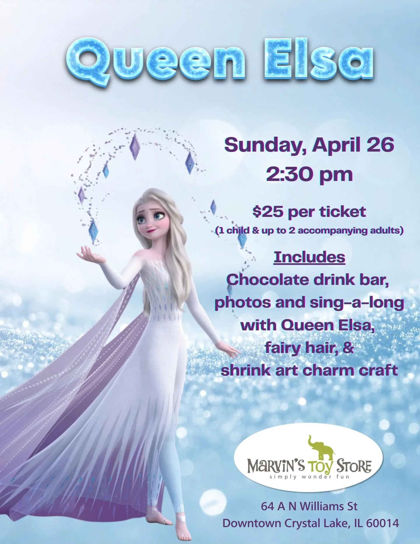 Queen Elsa is coming back for another magical afternoon of singing, photos, crafts and CHOCOLATE!

Sunday 4/26 2:30 pm
Tickets &mdash;&mdash;-> https://www.marvinstoystore.shop/shop/p/fiq6mre7lg0fsa8ch4r04reexf3ipu

❄️👑Sing-a-long, dancing, photo