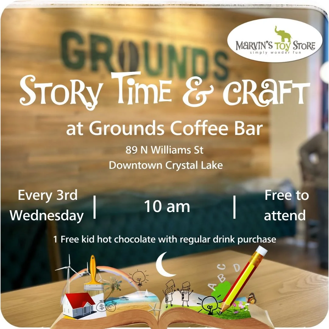 📚Join us for Story and craft time at ☕️Grounds Coffee Bar in Downtown Crystal Lake. 
10am! 
Free to attend.  Free kids hot cocoa with the purchase of any regular priced drink.