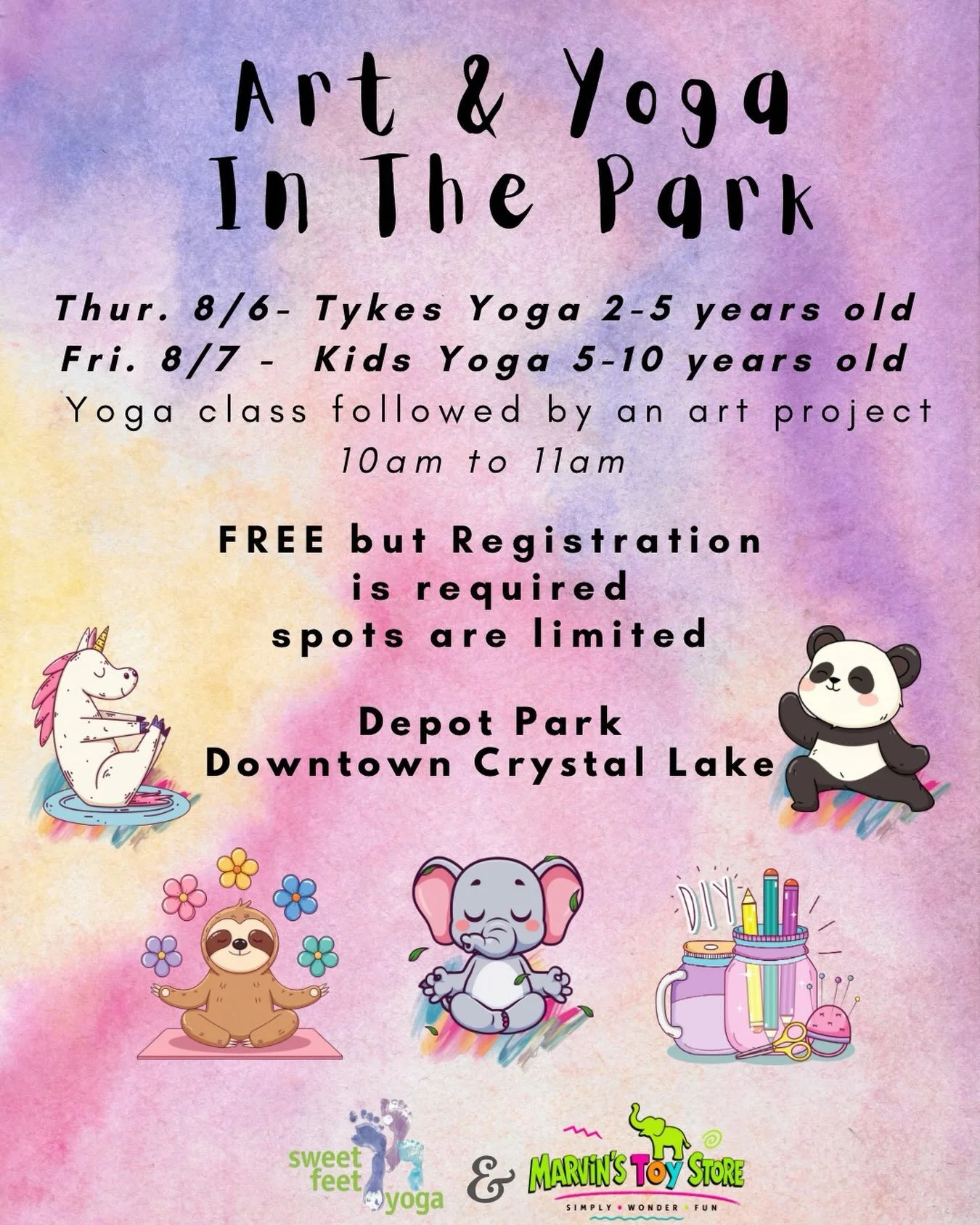 Our annual Art &amp; Yoga in the Park event is happening 8/6 &amp; 8/7.
Spots are limited, reserve yours today!

Thur 8/6 10am Tykes Yoga ages 2-5
Fri 8/7 10am kids Yoga ages 5-10

Yoga begins at 10am followed by an art project. 

This event is free,