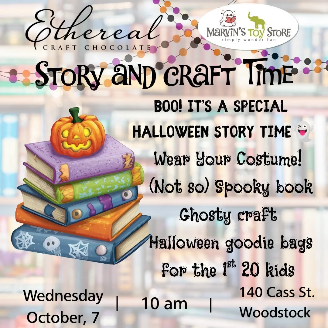 Wednesday 10/7 10am
@etherealconfections on the Woodstock Square
Boo! It&rsquo;s a special Halloween Story Time!

Wear your costume
(Not so) spooky books 
Ghosty crafts &amp;
Halloween goodie bags (for the 1st 20 kids)

Comment &ldquo;yes&rdquo; to R