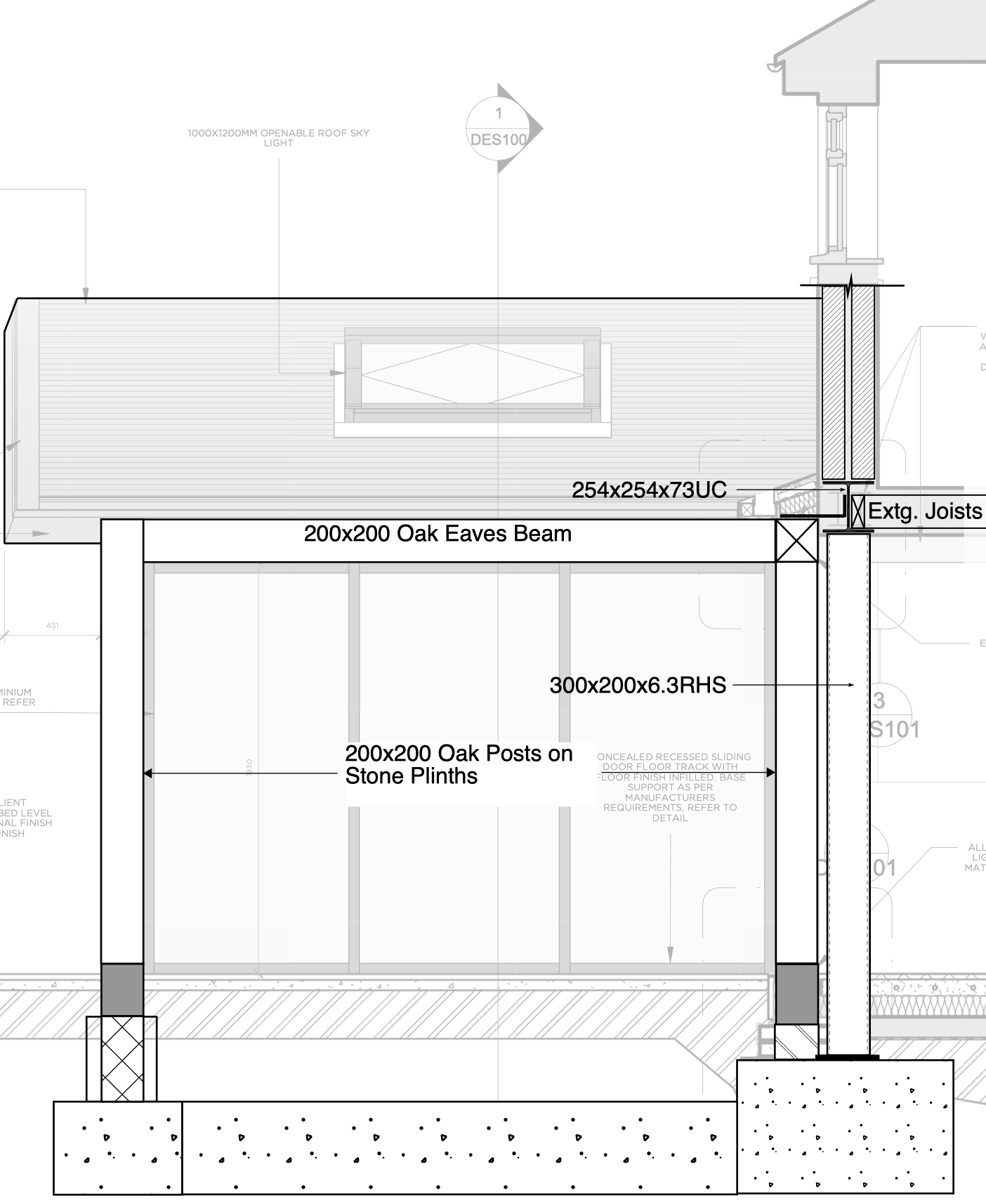 Architectural drawing of a building section showing roof, wall, beam, posts, and foundation details.