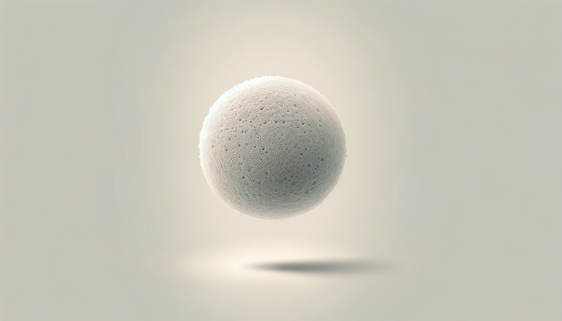 A white, porous spherical object floating in a beige background, with a faint shadow beneath it.