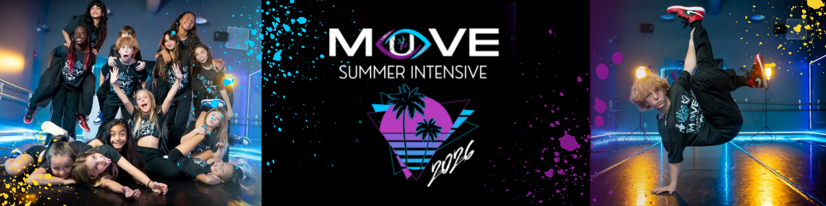 Group of children and teenagers at a summer dance or dance camp, with a logo for a summer intensive event in 2020, featuring neon colors and a tropical theme.
