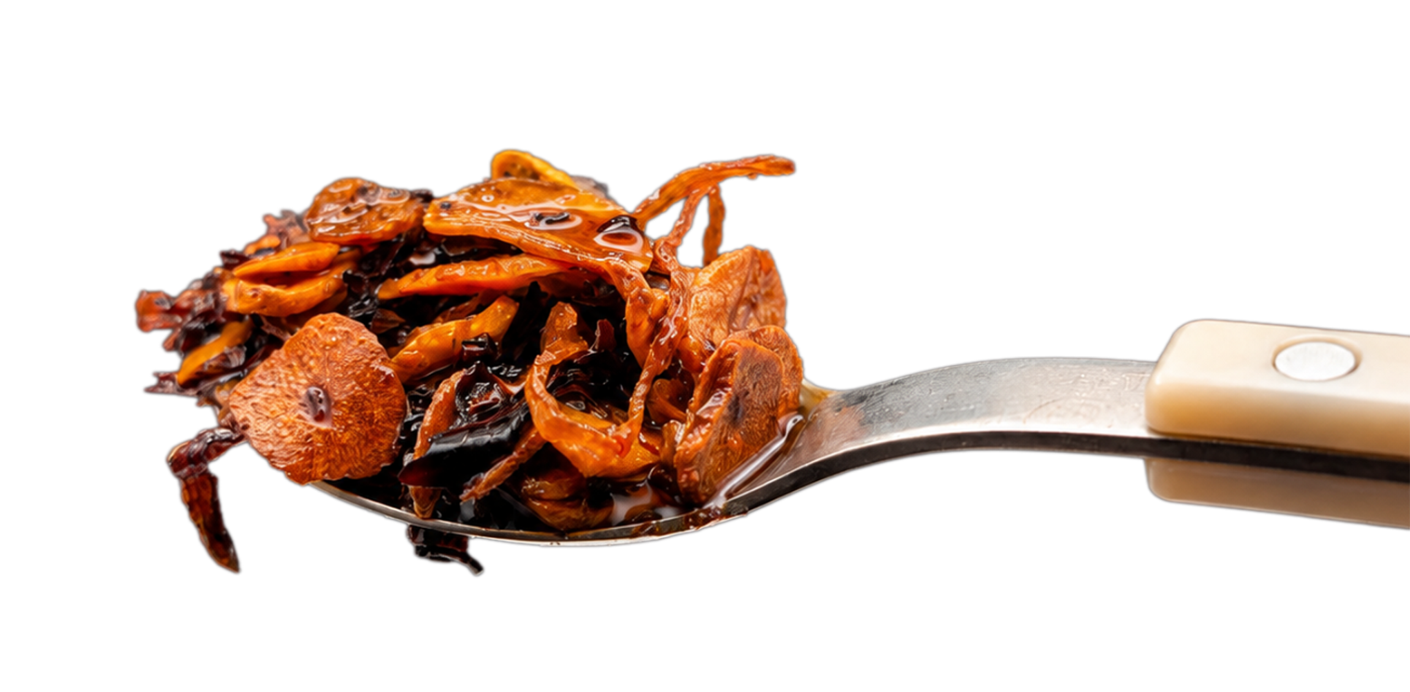 chili crisp on spoon, fried garlic, chili crunch, fried shallots, rich avocado oil, healthy, crunchy pepper flakes, guajillo, sichuan peppers, spicy, Extra Extra