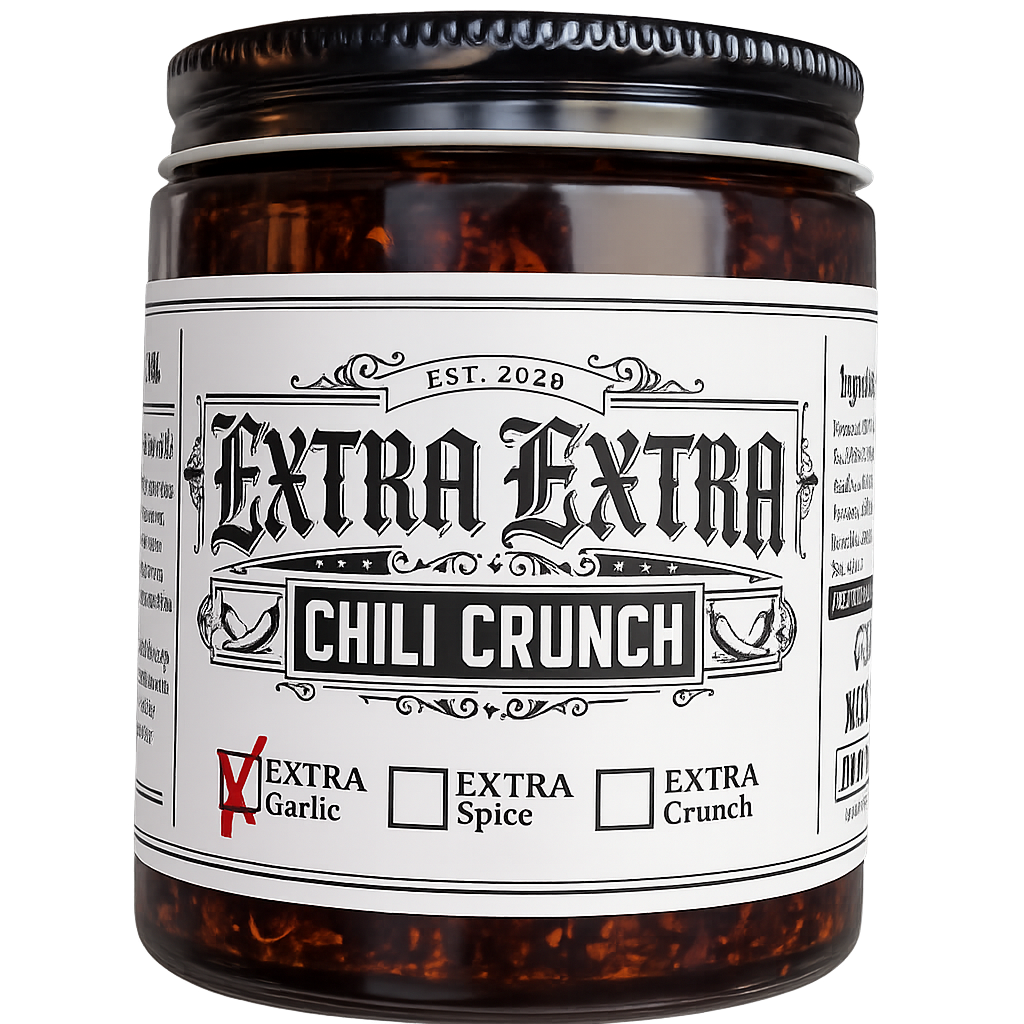 A jar labeled EXTRA EXTRA Chili Crunch with a black lid. The label is white with black decorative text and graphics, and it indicates the flavor as chili crunch. The spice level has an option marked as 'Extra Garlic' crossed out, and options for 'Extra Spice' and 'Extra Crunch'.