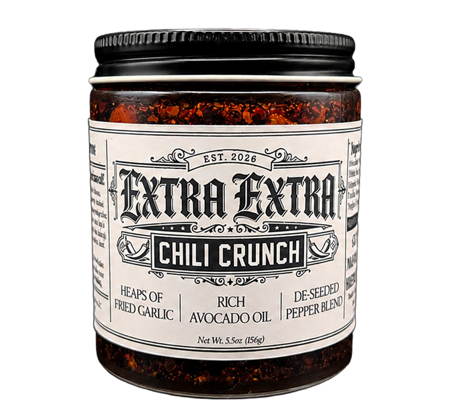 Single jar of chili crunch, chili crisp made in avocado oil and  Guajillo Peppers