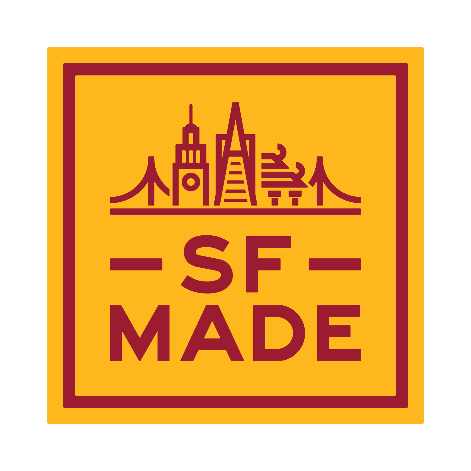 SF Made, San Francisco Made, Emblem of SF Made under San Francisco skyline