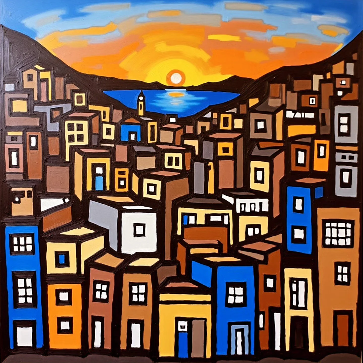 'City, Sea, Sunset' - Canvas Tile Print - 20in x 20in , 2025