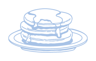 Stack of pancakes with syrup on a plate.