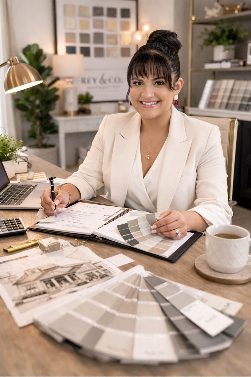 Businesswoman sitting at a desk with color swatches, notebooks, a laptop, and a cup of coffee, working in an office setting.