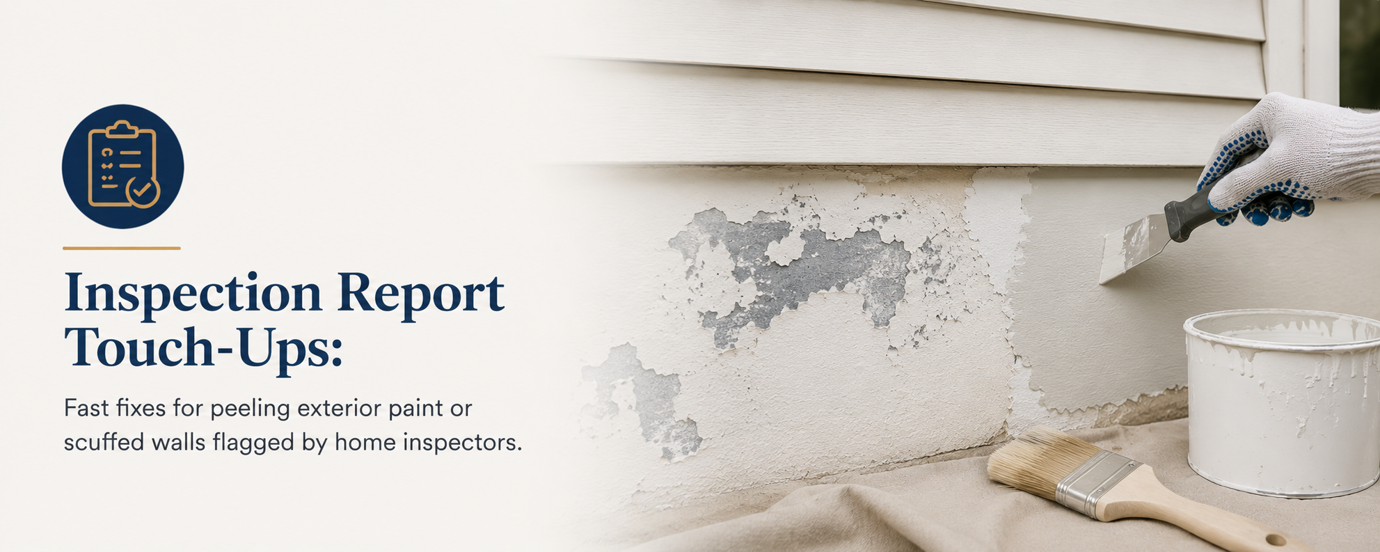 A person in a glove repairing peeling paint on the lower exterior wall of a house using a putty knife, with a paintbrush and paint can nearby, part of an inspection report cover.