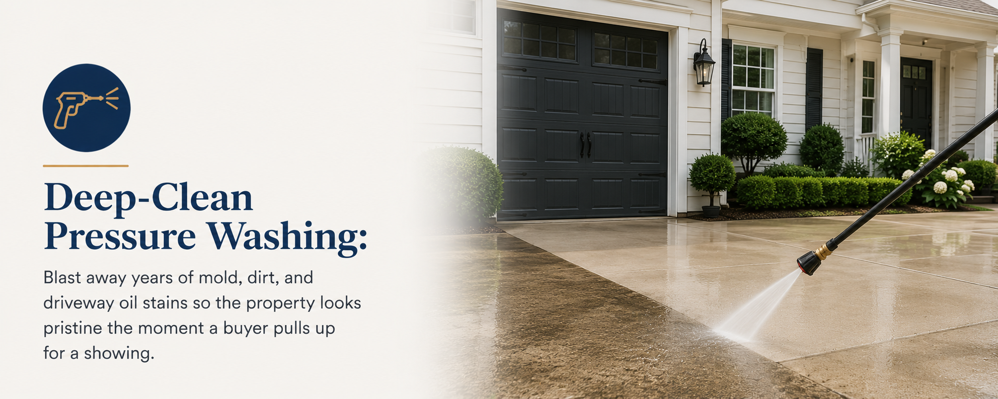 A house with a driveway being power washed, with text overlay advertising deep-clean pressure washing to remove mold, dirt, and oil stains