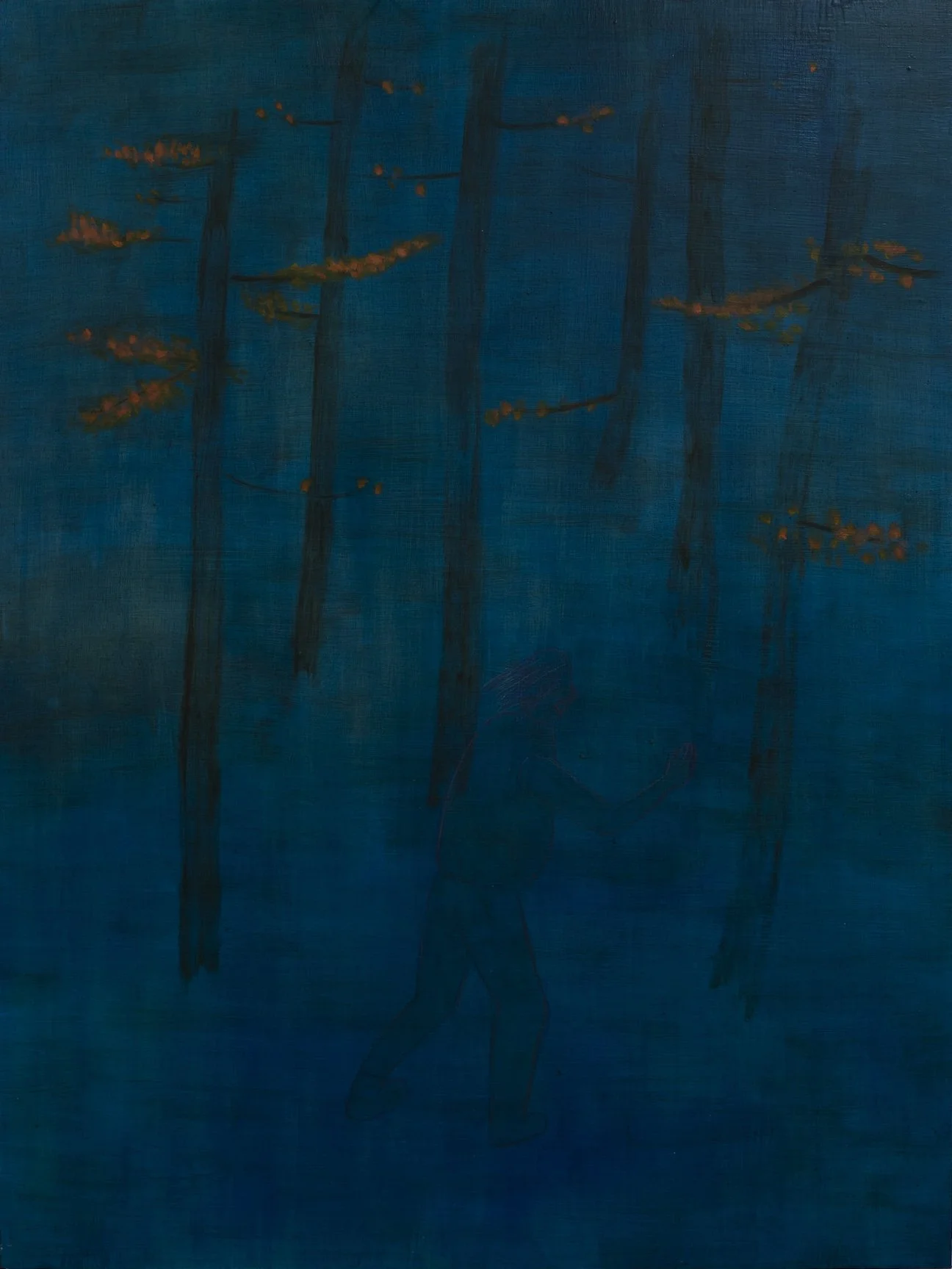 A painting of a person walking in a dark forest with tall trees and orange leaves, painted on wooden surface with oil paint.
