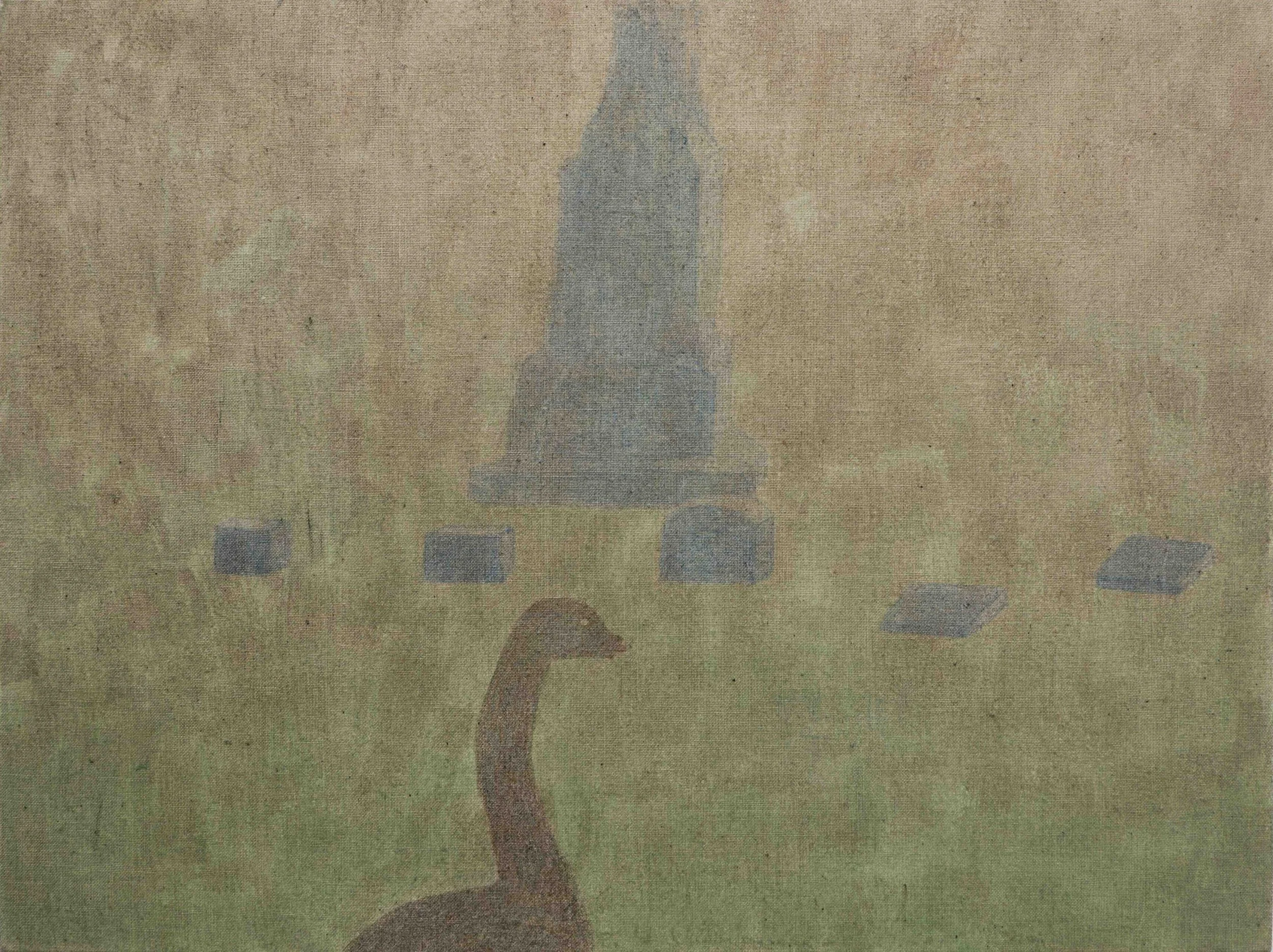 A egg tempera painting of a goose with a broken beak walking through a graveyard.