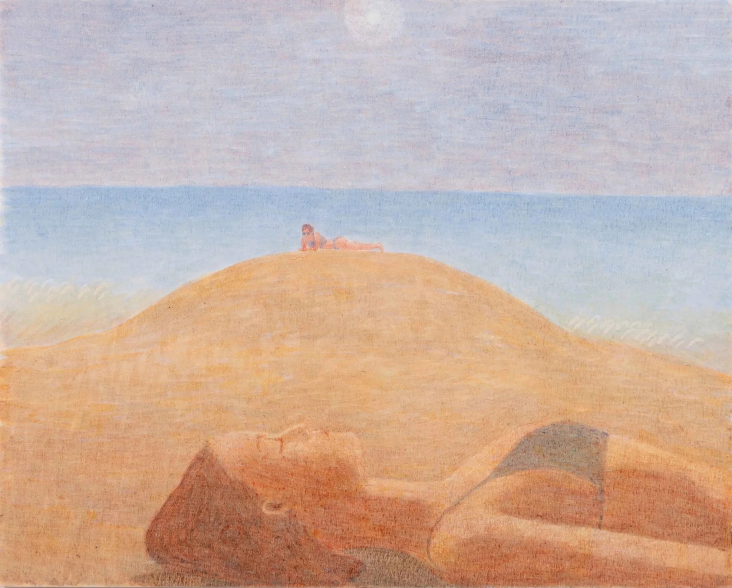 A painting of a sunbathing girl lying in front of a sandy hill on the beach, with another figure lying on top of the hill, seemingly far away, the sun is shining bright from straight up in the sky.
