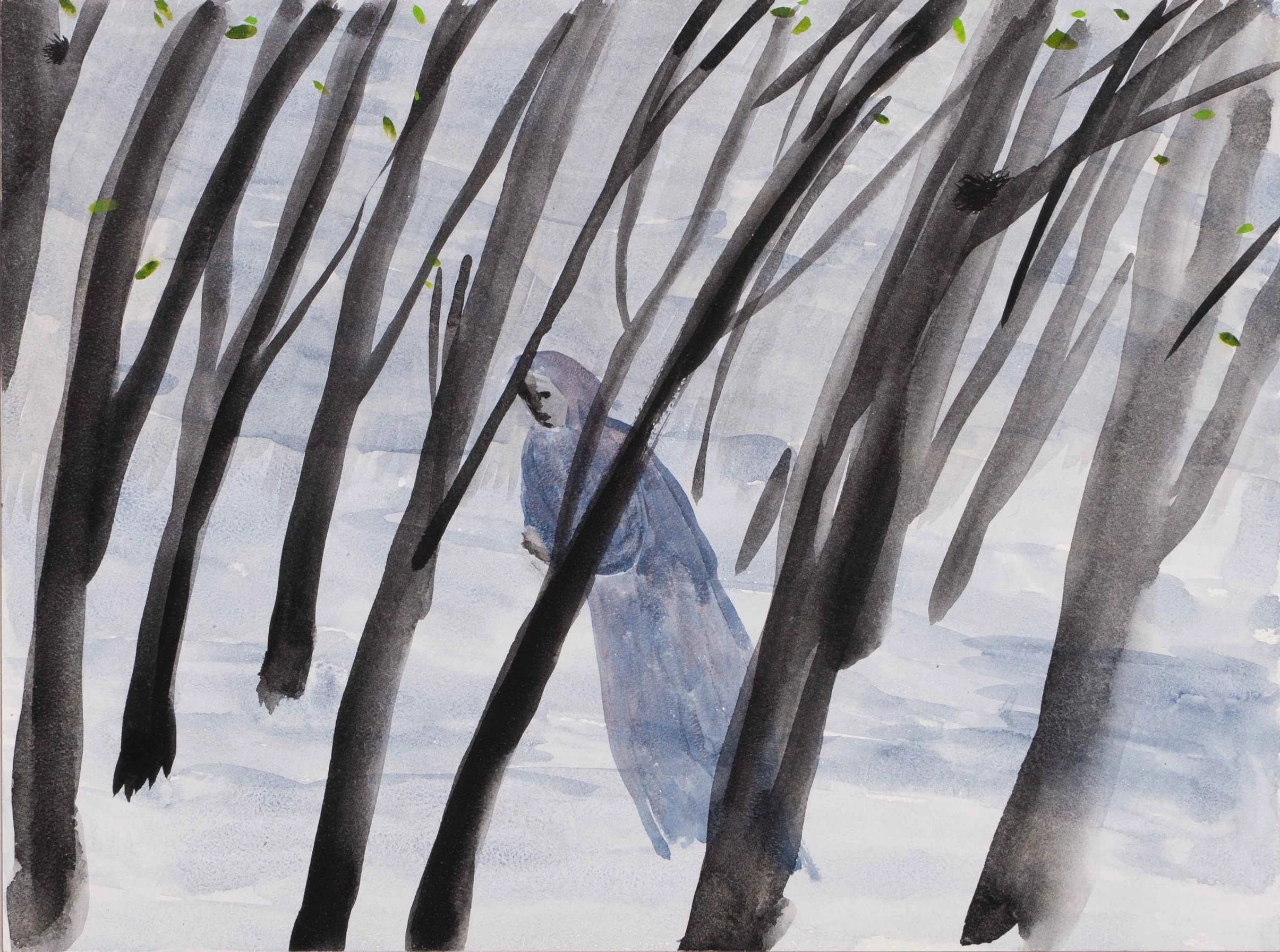 A watercolor painting of a lone figure walking through the winter woods. 