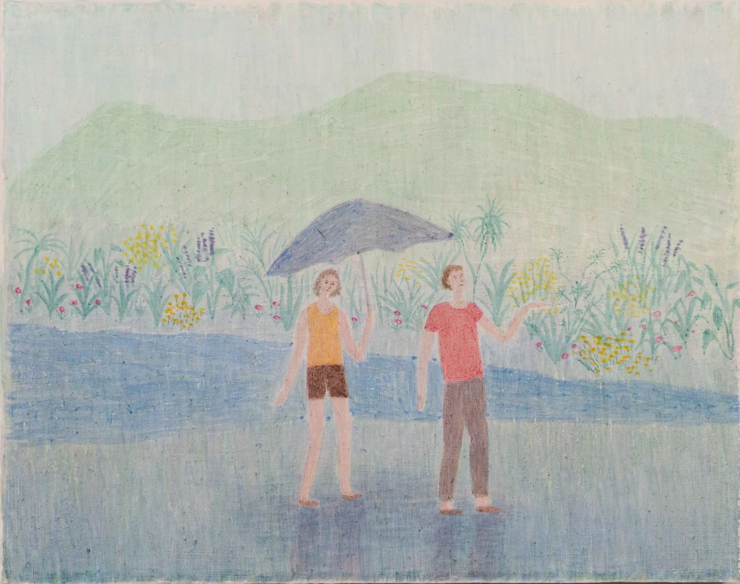 A painting of two people walking in the rain on a path beside a body of water with lush green mountains and colorful plants in the background. One person is holding an umbrella, and the other is gesturing with their hand.