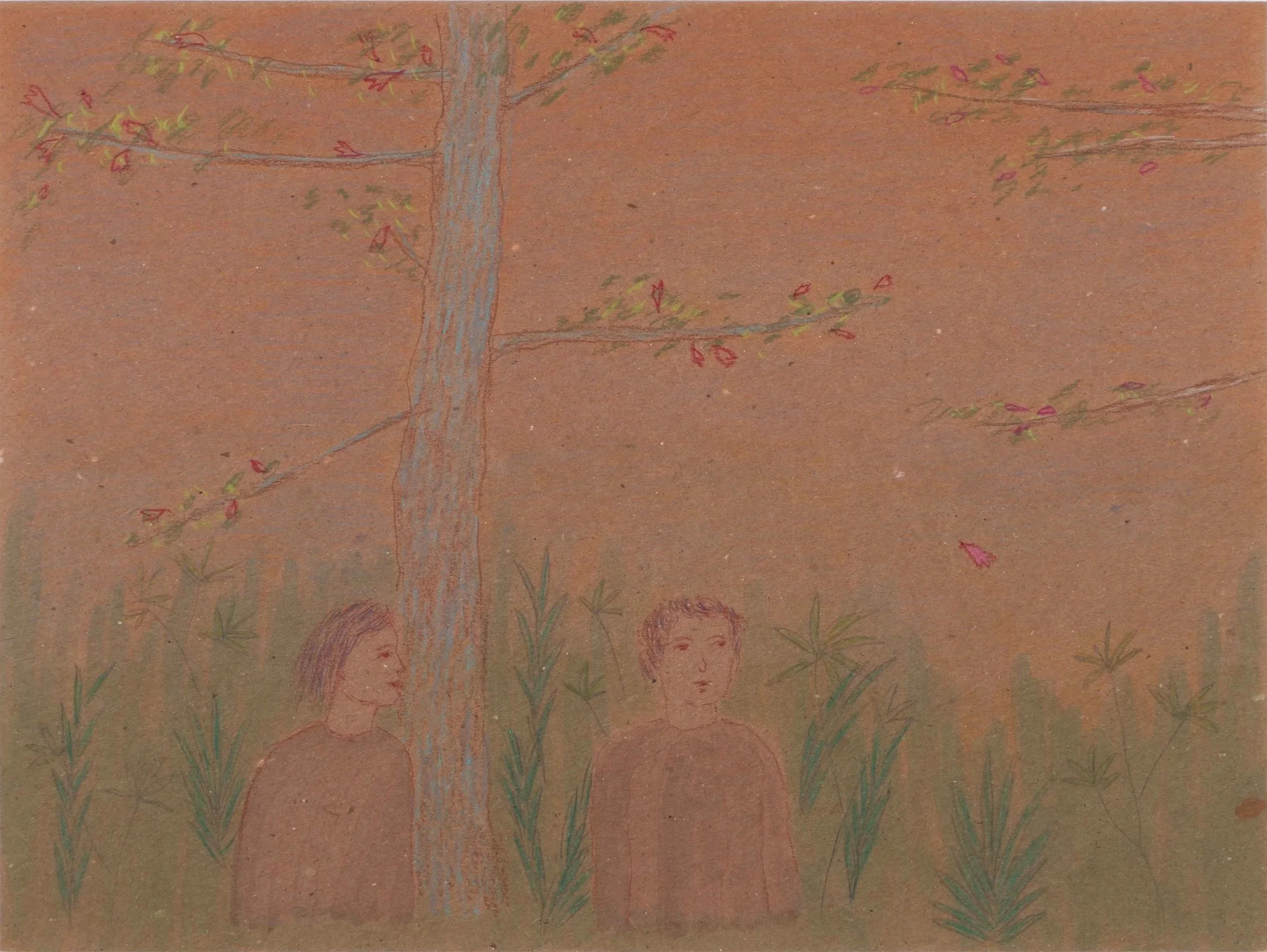 A pastel drawing of two children standing under a large tree with sparse branches and pink leaves, surrounded by tall grass and plants.