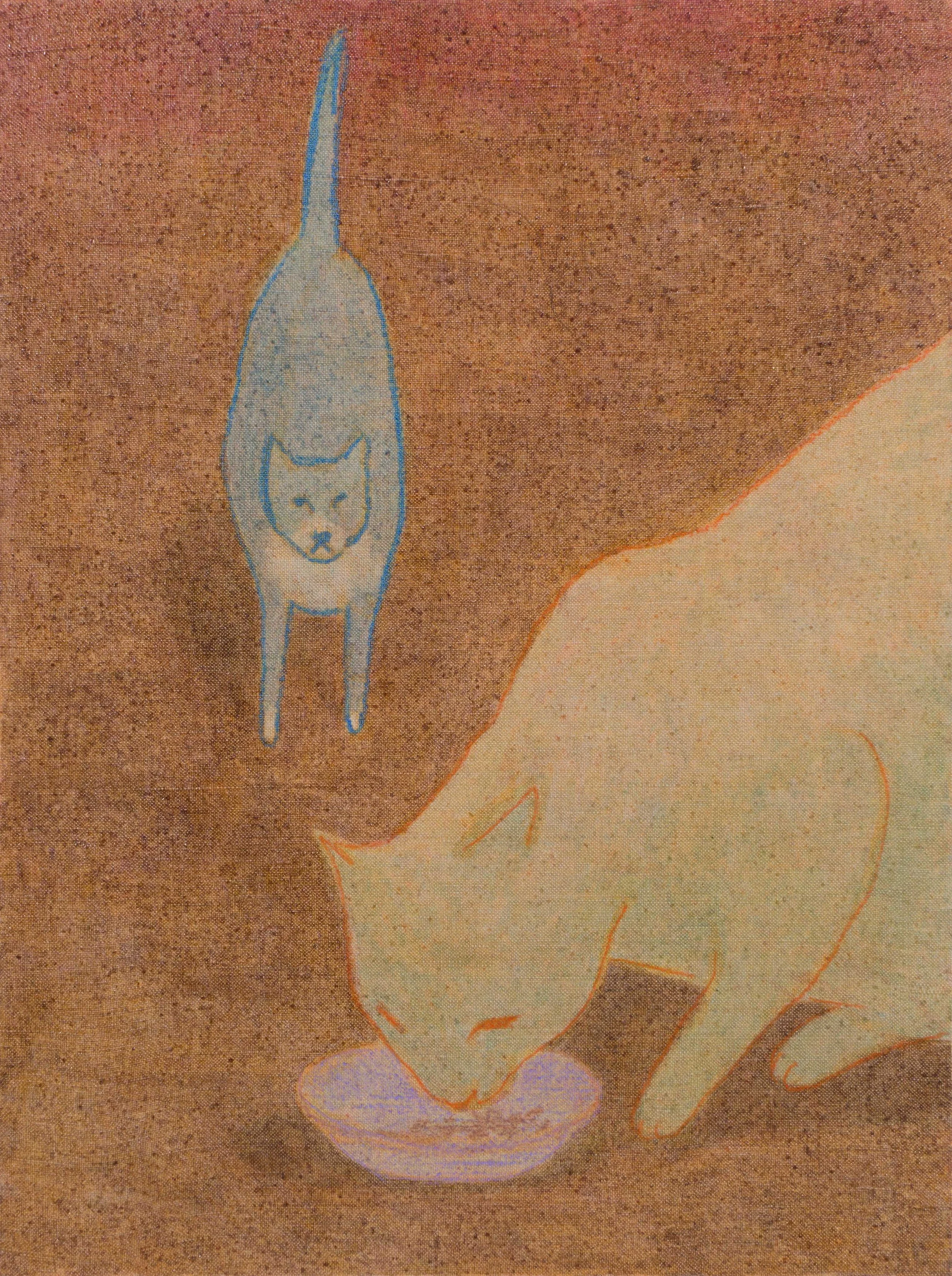A painting of two cats, one of them is eating from a bowl while the other one is staring at her jealously. 