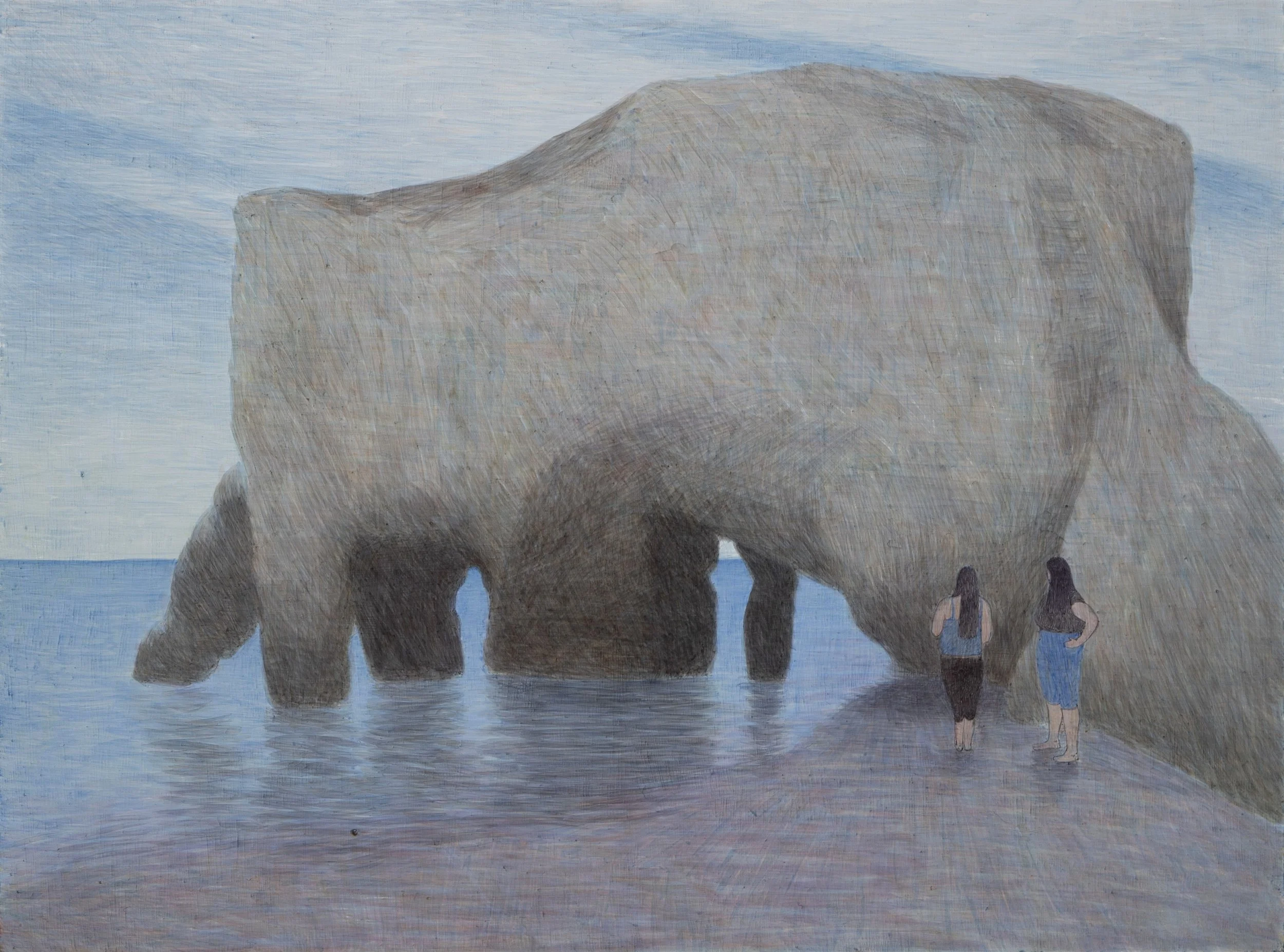 Painting of two people standing on a beach looking at a large rock formation with archways, with the ocean and sky in the background.