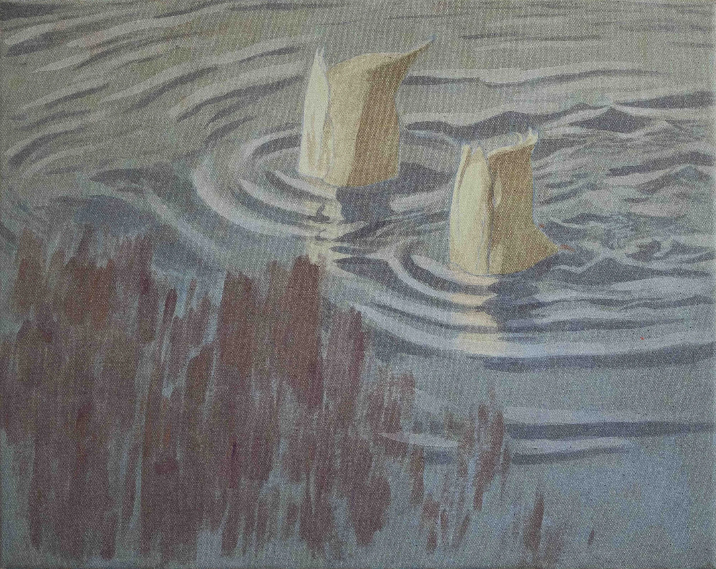 Acrylic painting of two yellow ducks swimming in a body of water, ducking simultaneously into the water, with reddish-brown grass at the bottom left corner.