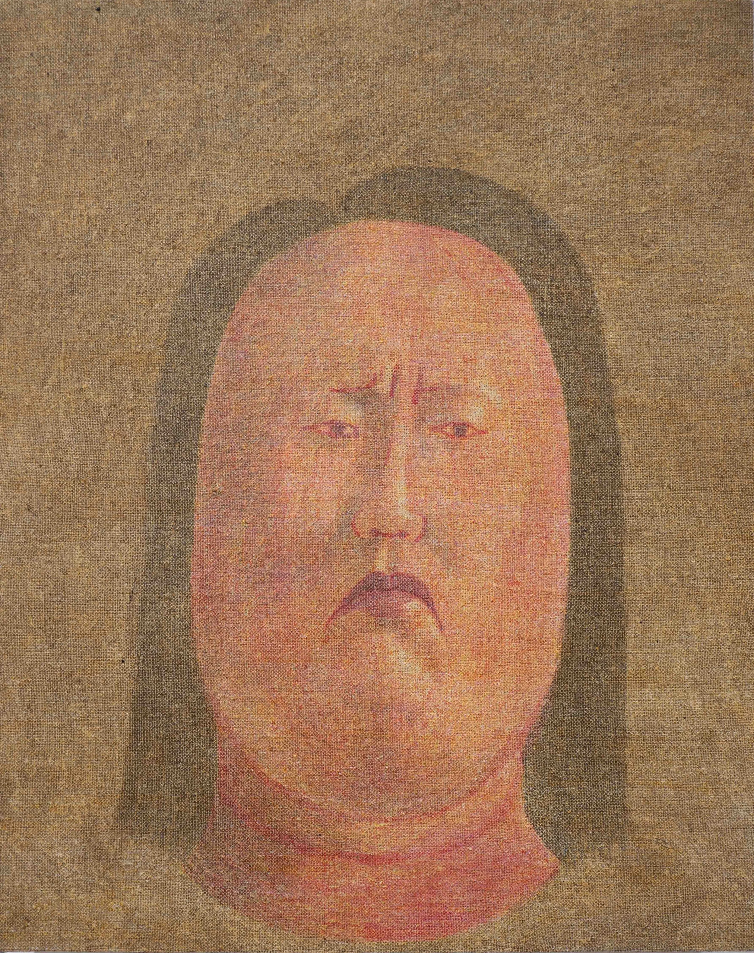 A traditional East Asian portrait painting of a man with a serious expression, long black hair, and wearing a red garment.