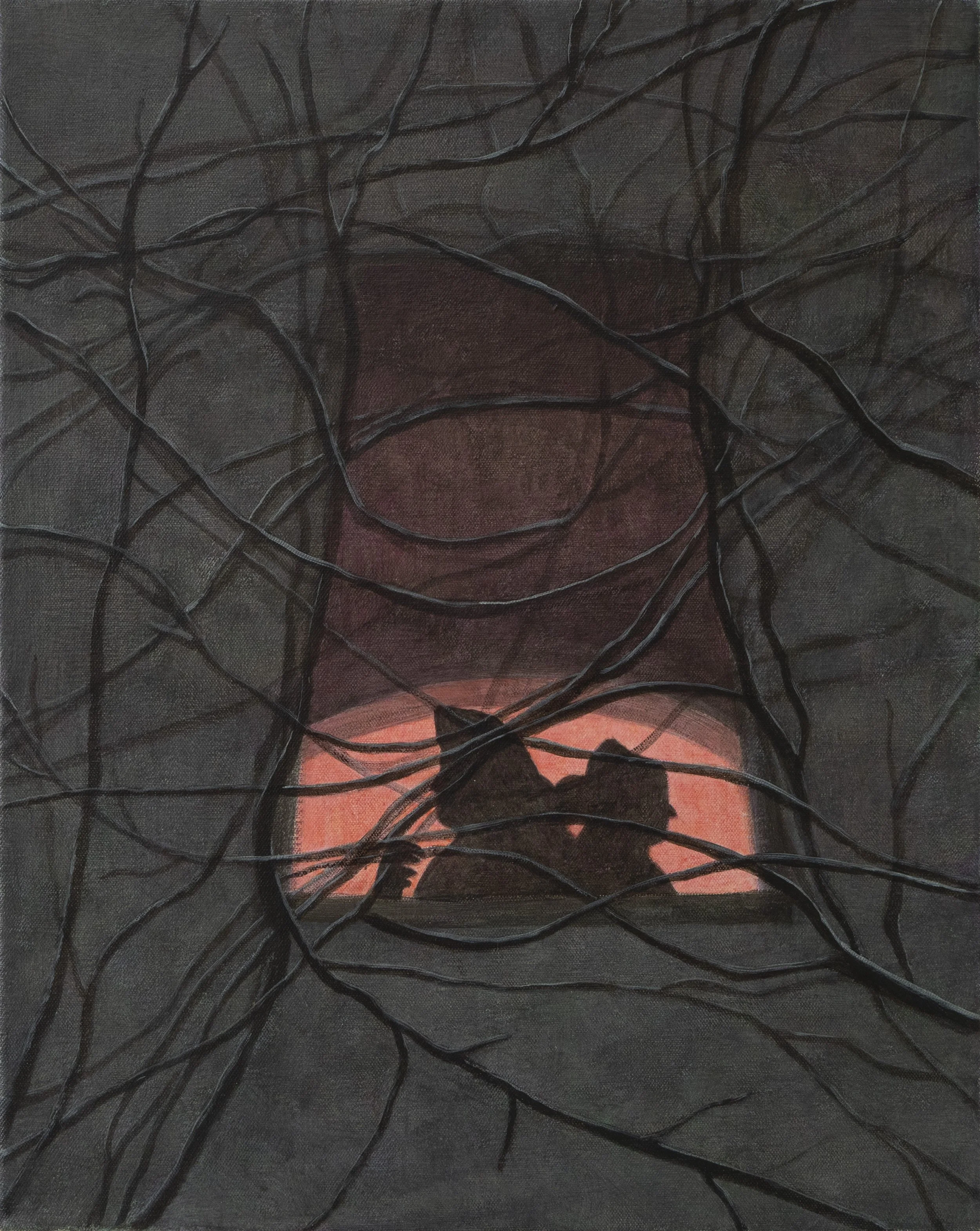 A dark painting depicting tangled tree branches in the foreground, with a silhouette of a person riding a horse against a pinkish horizon in the background.