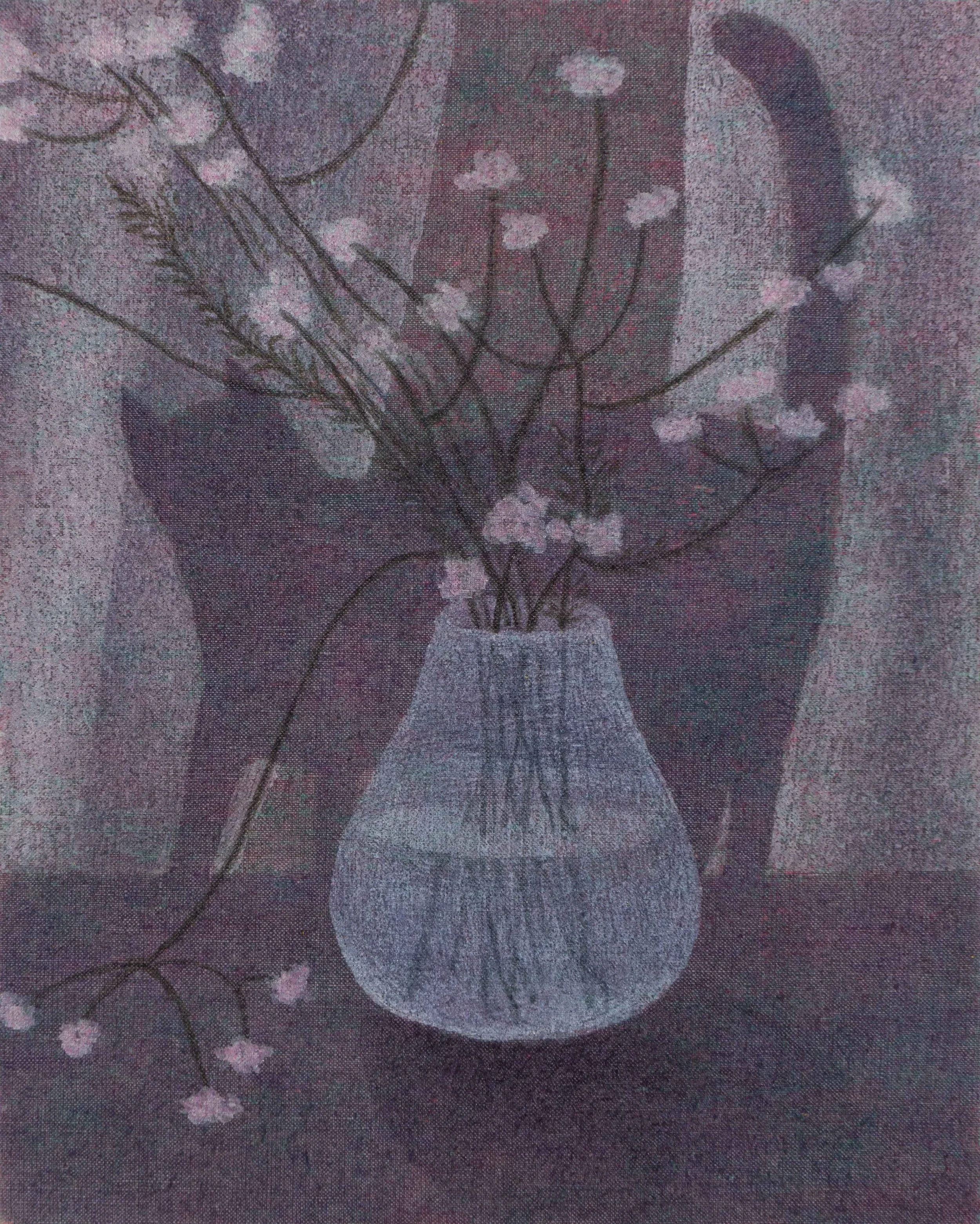 A still life painting of a textured vase with pink cherry blossoms and branches, the silhouette of a cat is seen behind the vase, and behind the cat are curtains flowing in a gentle breeze.