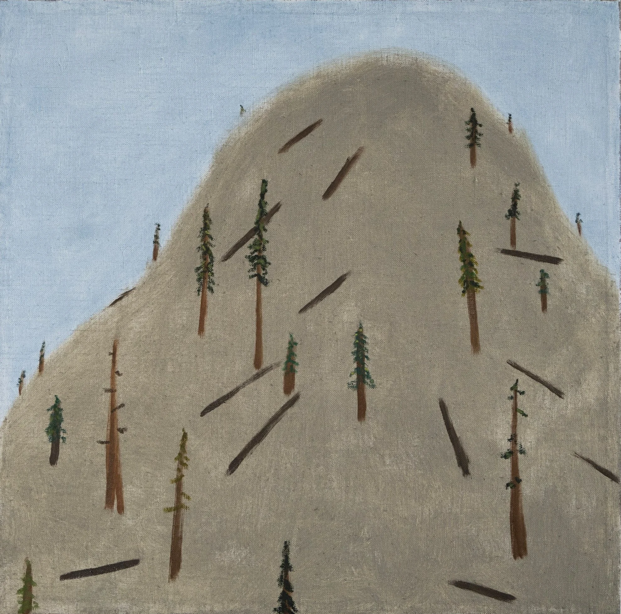 Painting of a mountain with sparse pine trees and a clear blue sky.