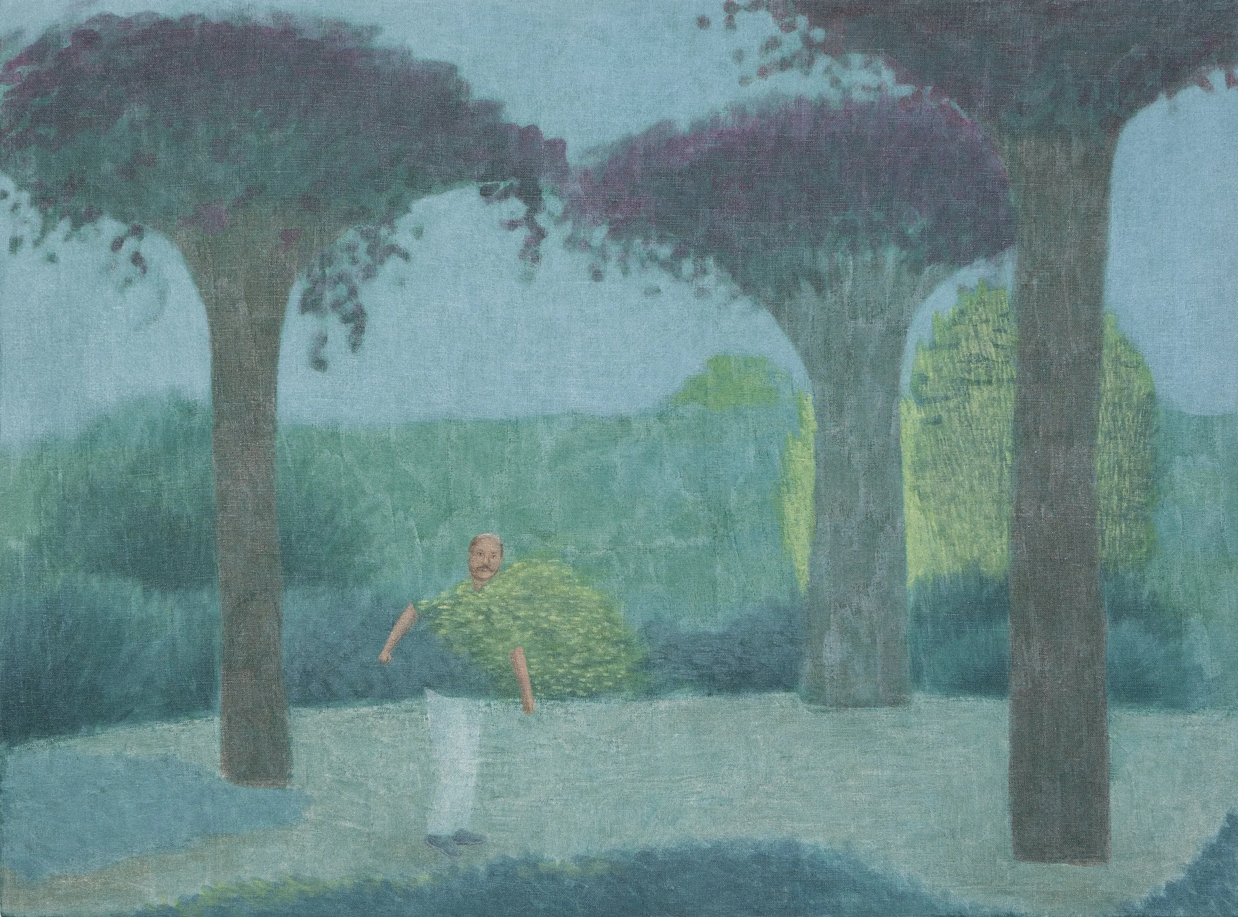 A painting depicting a man with a mustache standing in a green outdoor landscape with tall trees and bushes, under a blue sky.