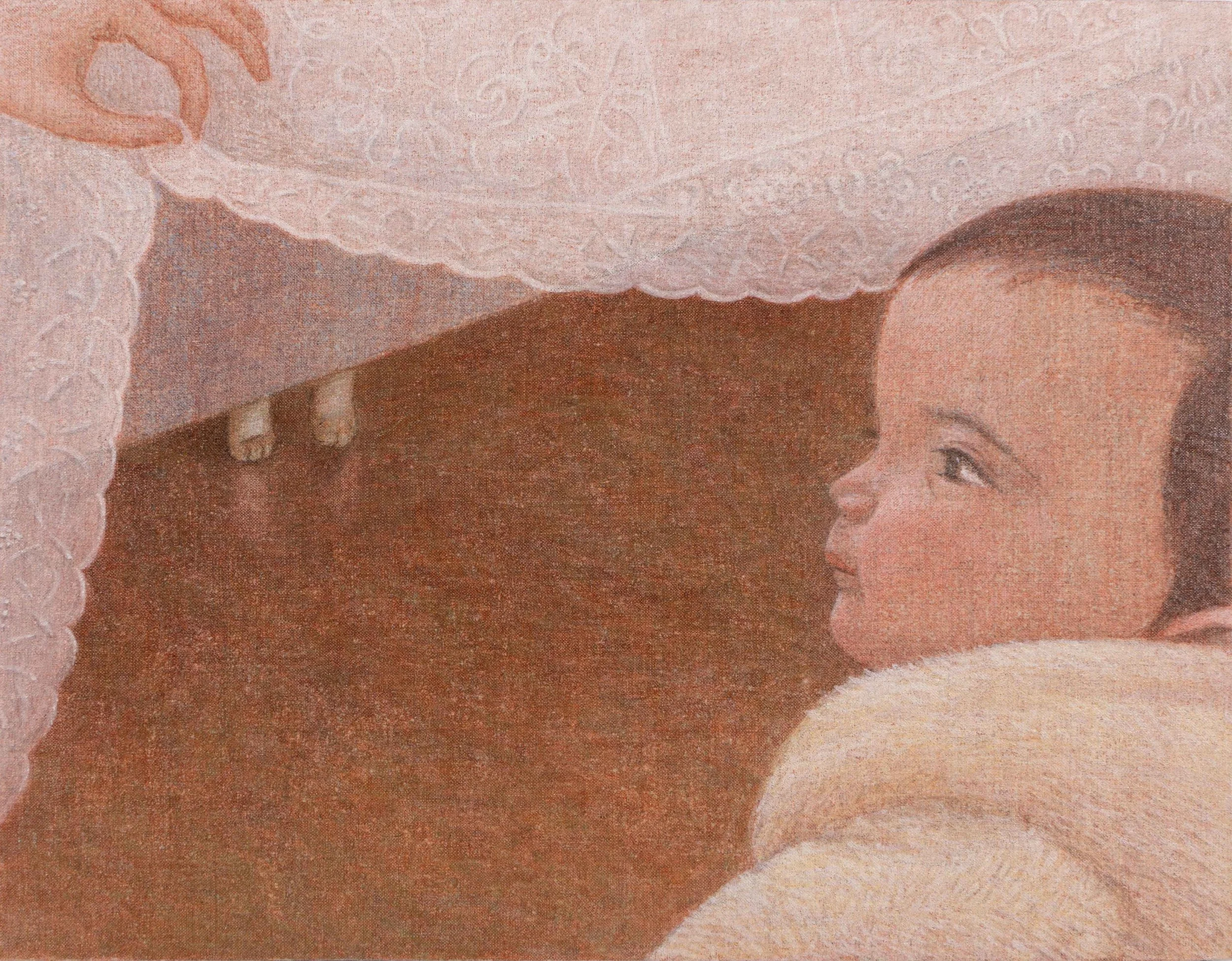 An egg tempera painting of a baby looking curiously at the little cat's paws showing underneath a bed, while an adult is holding the laced bedsheet up to reveal the cat's paws. 