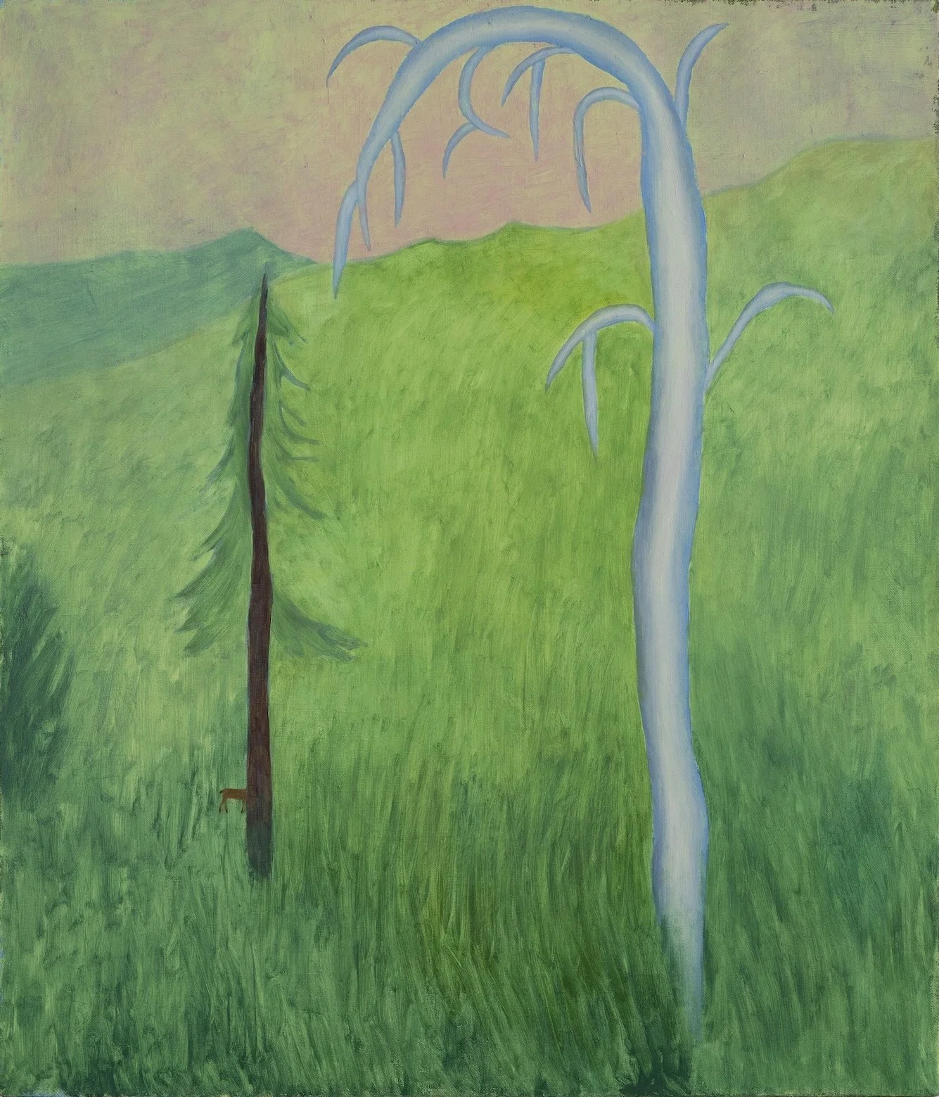 A colorful painting of a landscape with a pink sky, green rolling hills, and two trees in the foreground, one with blue branches and one dark brown.