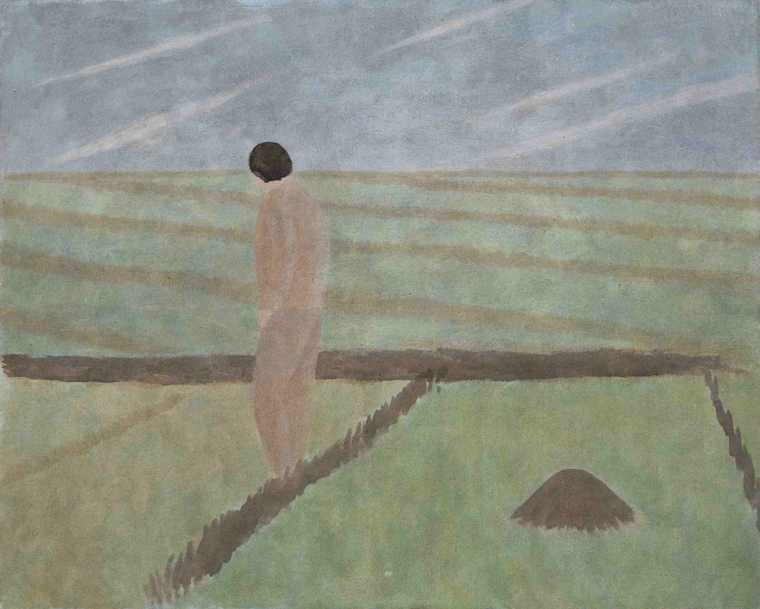 An acrylic painting of a person standing alone on a grassy field, with a blue sky and clouds above.