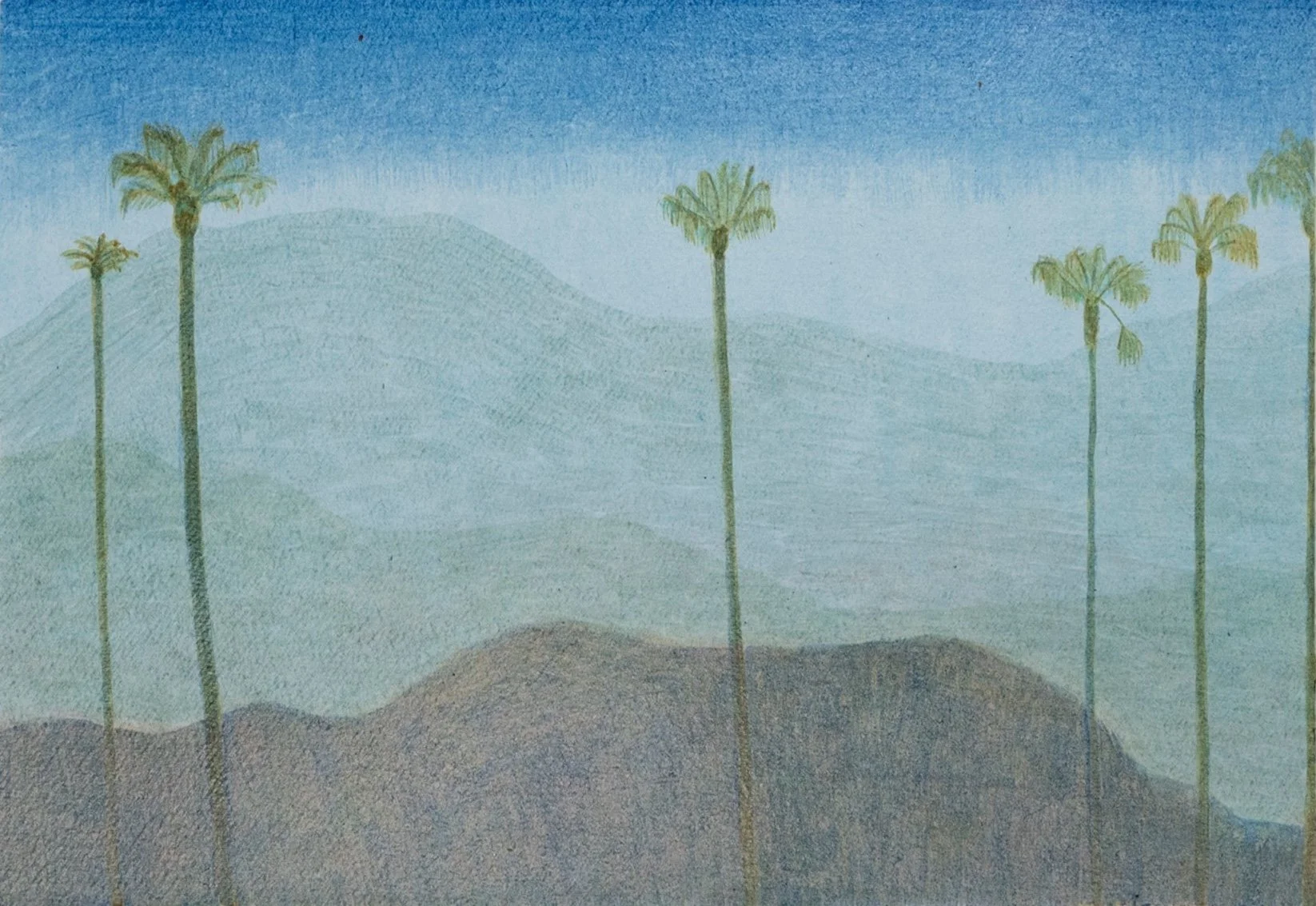 Painted landscape with five tall palm trees, blue sky, and distant hills.