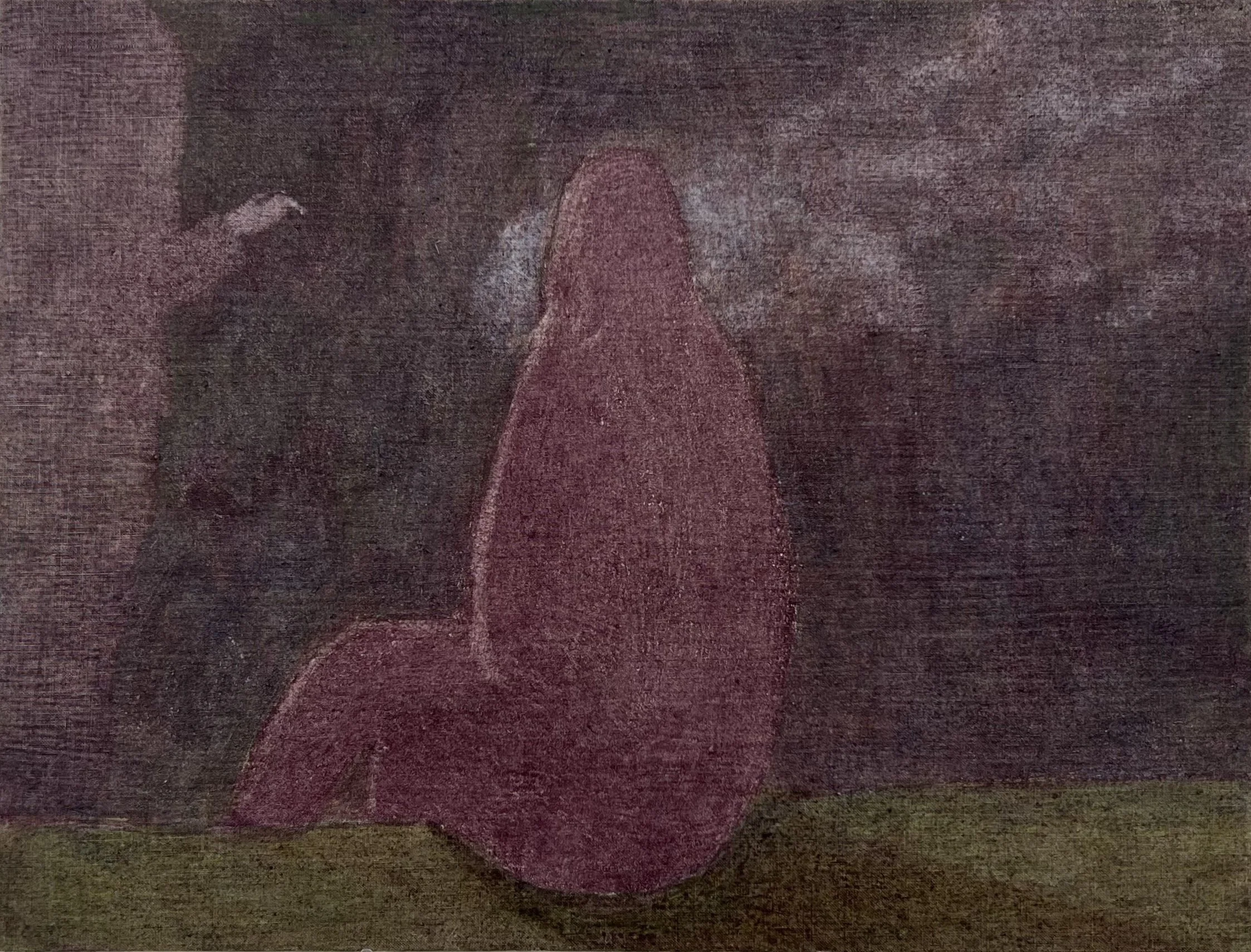 A painting of a person with long hair sitting with their back to the viewer, wearing a pink dress. The person is seated on the ground against a dark textured background.