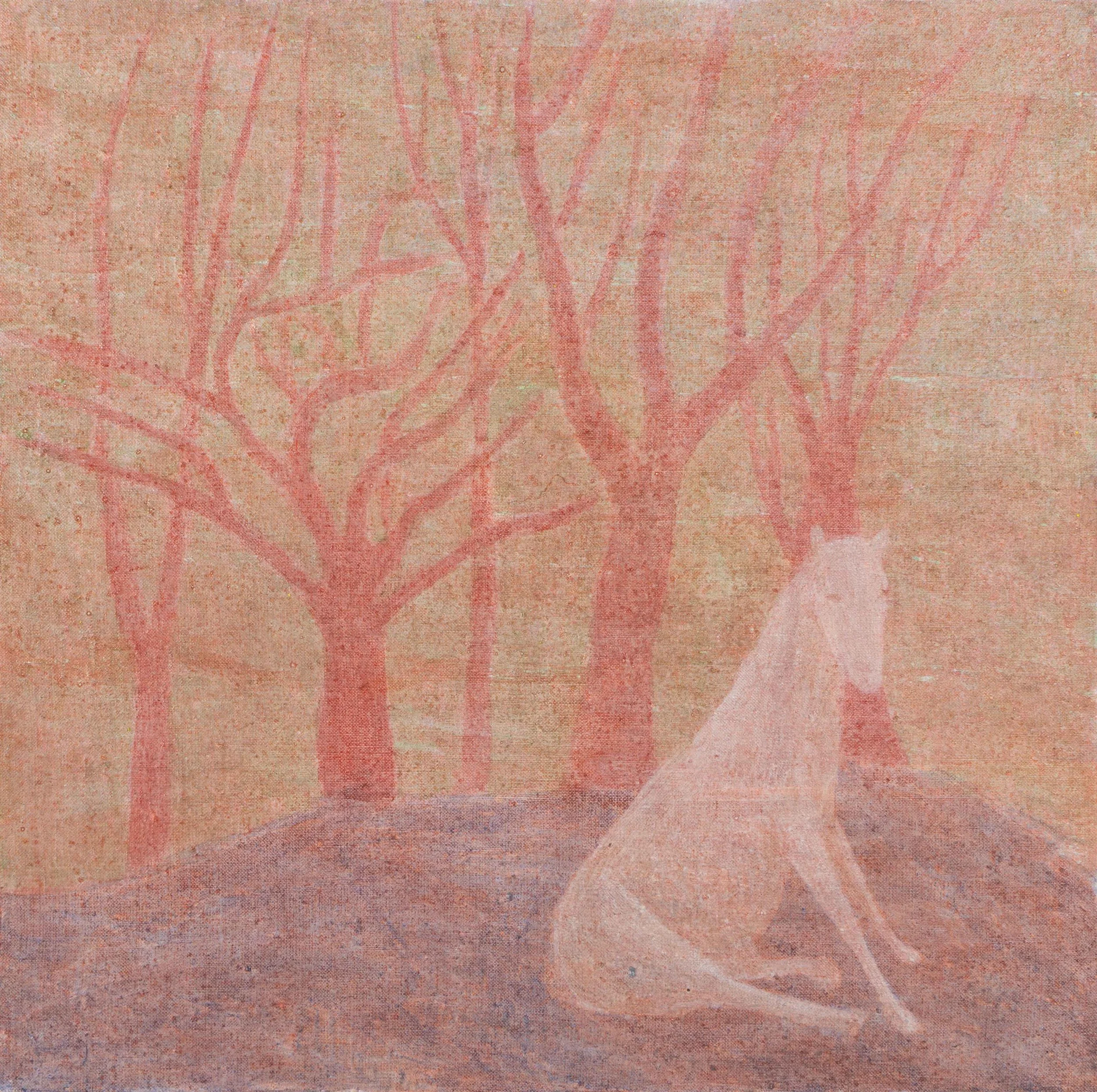 A pastel-colored painting of a sitting unicorn with large antlers in front of pink trees with leafless branches, on a textured orange background.