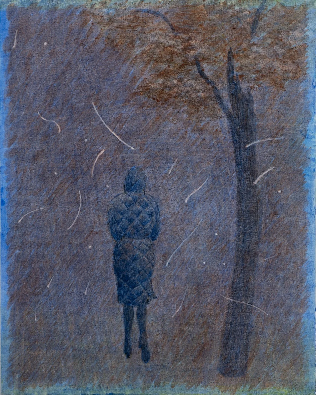 A person walking on a rainy street at night, wearing a coat with their back to the viewer, with a tree on the right side of the street.