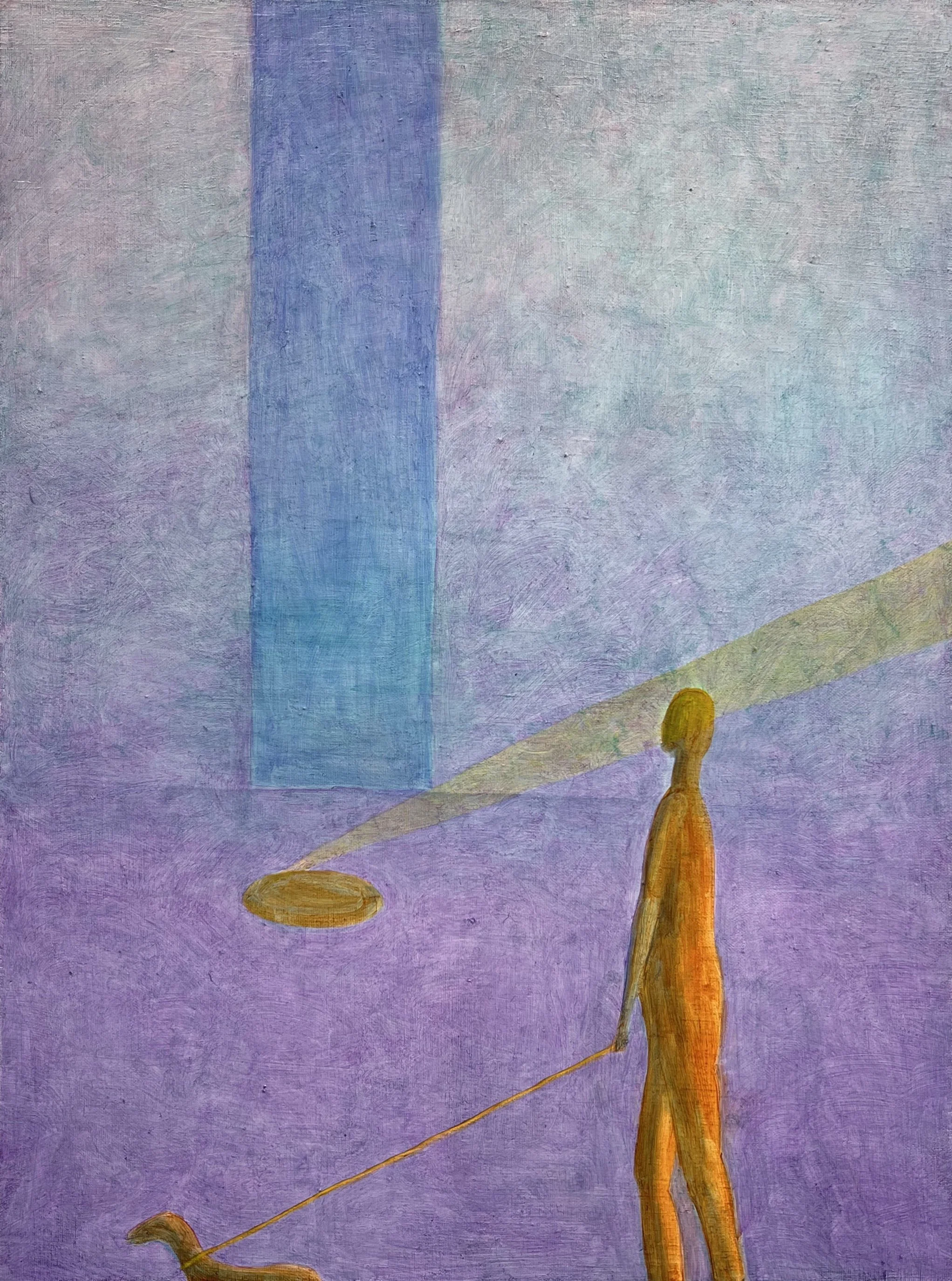 An abstract painting of a person walking a dog on a minimalist and abstract New York street.