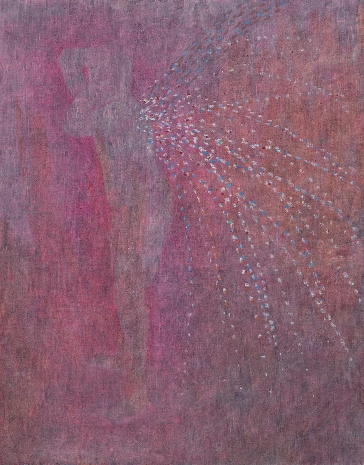 Abstract painting with a predominantly pink and purple background and a faint outline of a butterfly on the left side, accented with dotted patterns resembling a lace design.