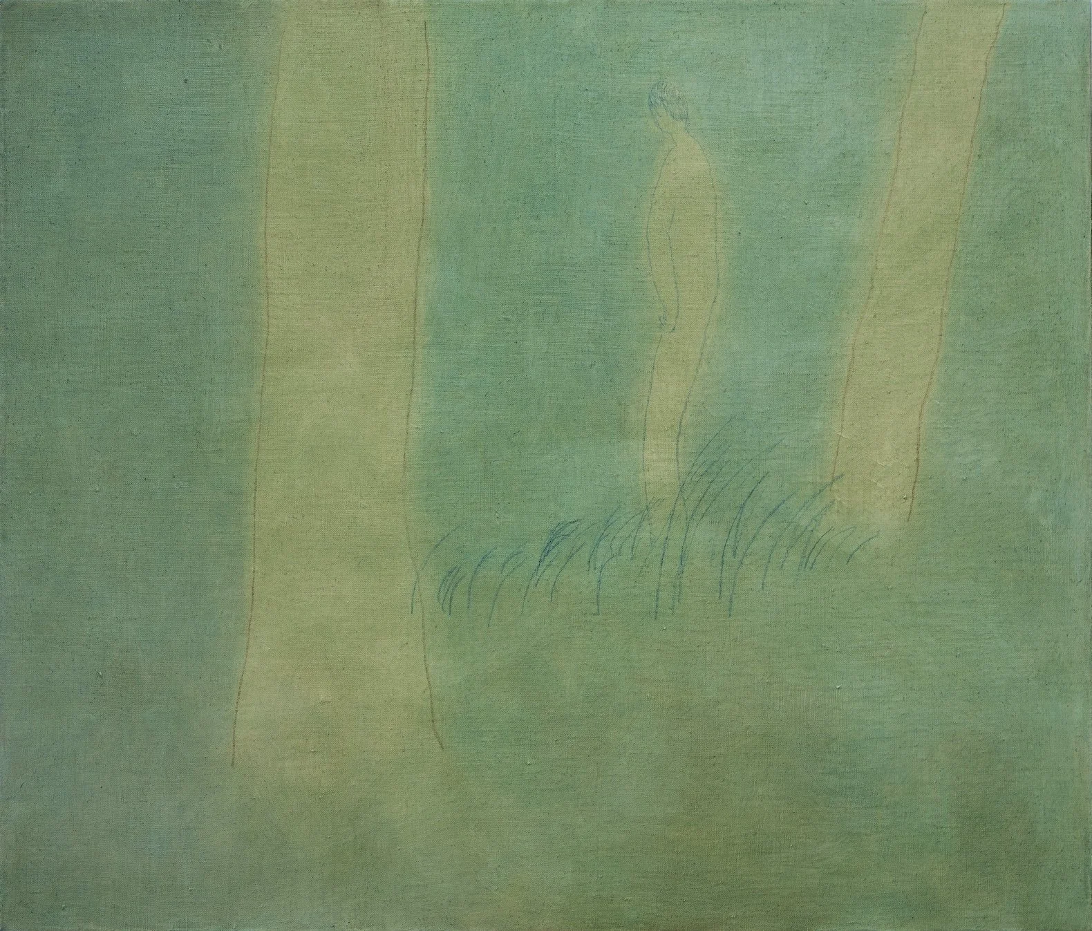 A minimalist painting of a person standing in a forest with tall trees and grass, created with simple lines and soft colors.